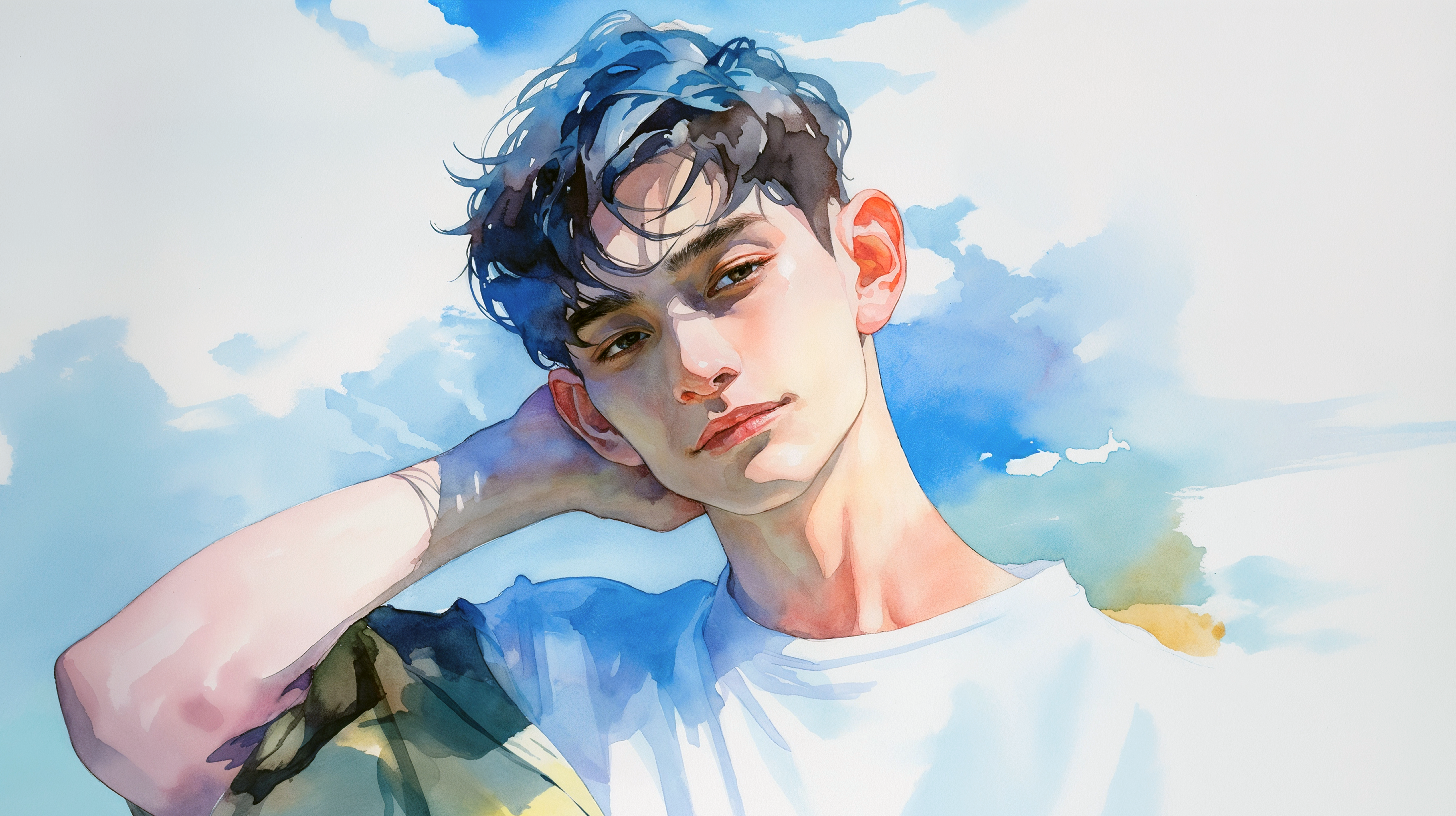 爽やかな男性のアートポートレート水彩イラスト no.5