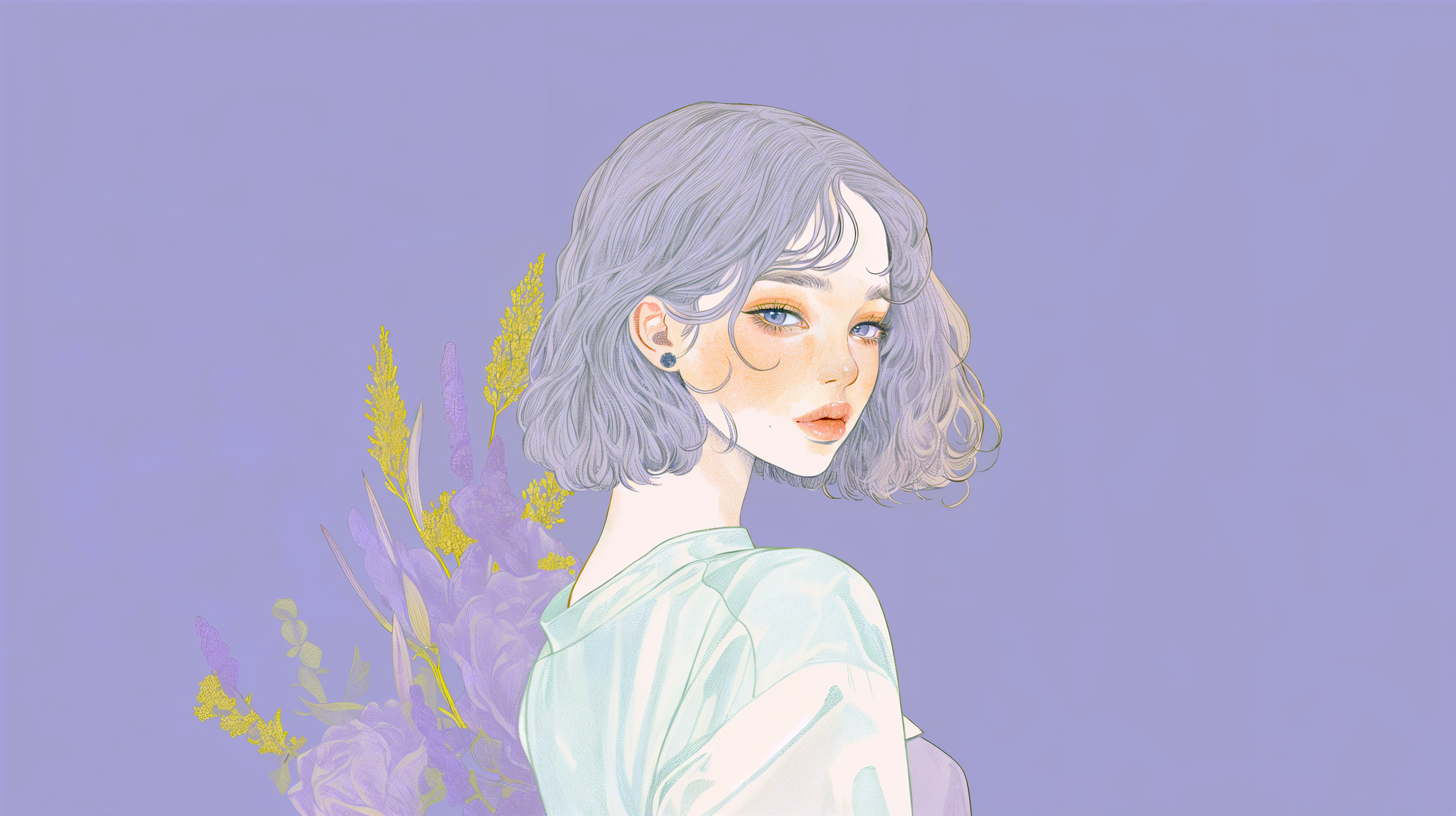 植物や花と美しい女性の淡い水彩ポートレートイラスト no.1