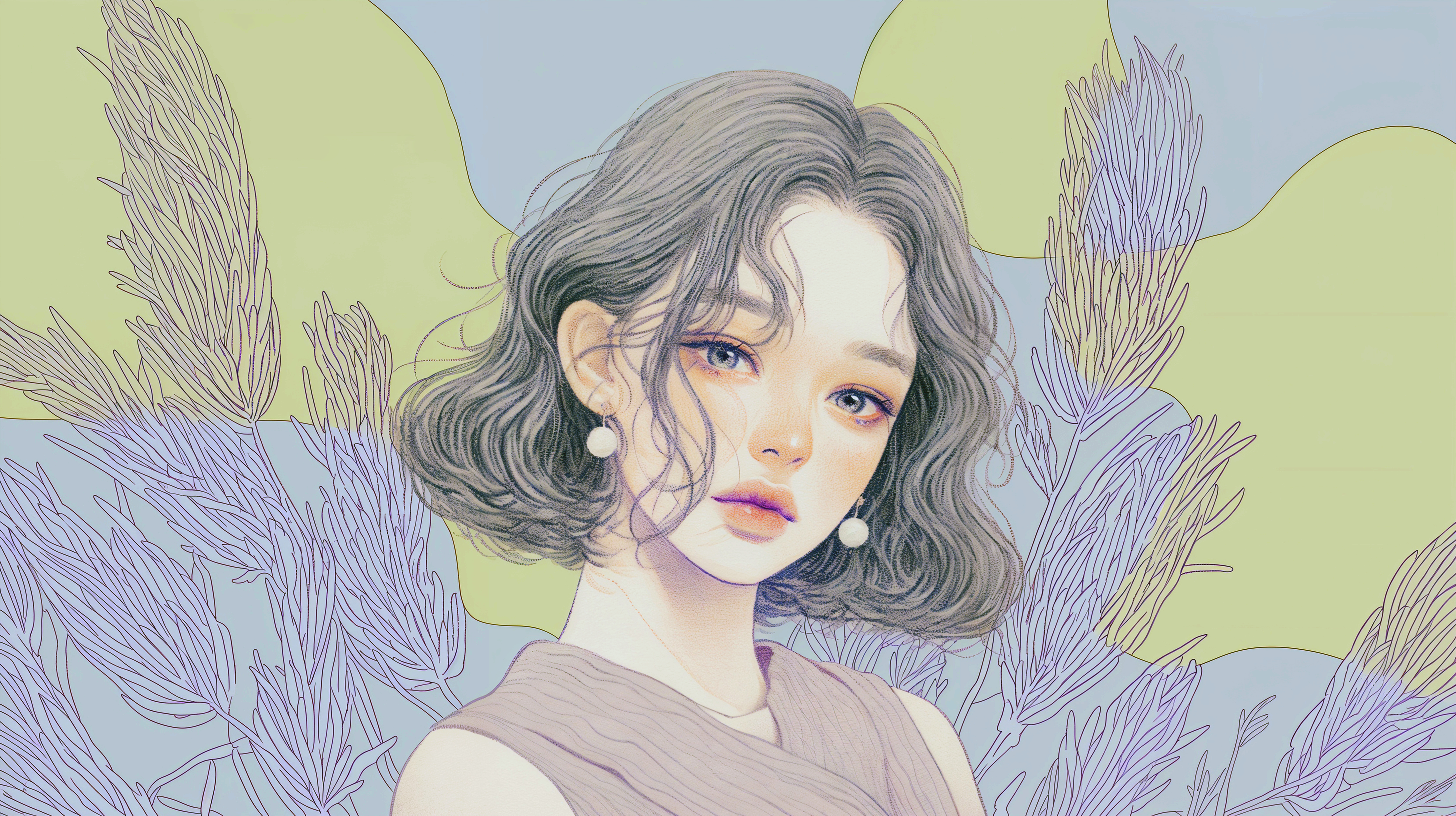 植物や花と美しい女性の淡い水彩ポートレートイラスト no.4