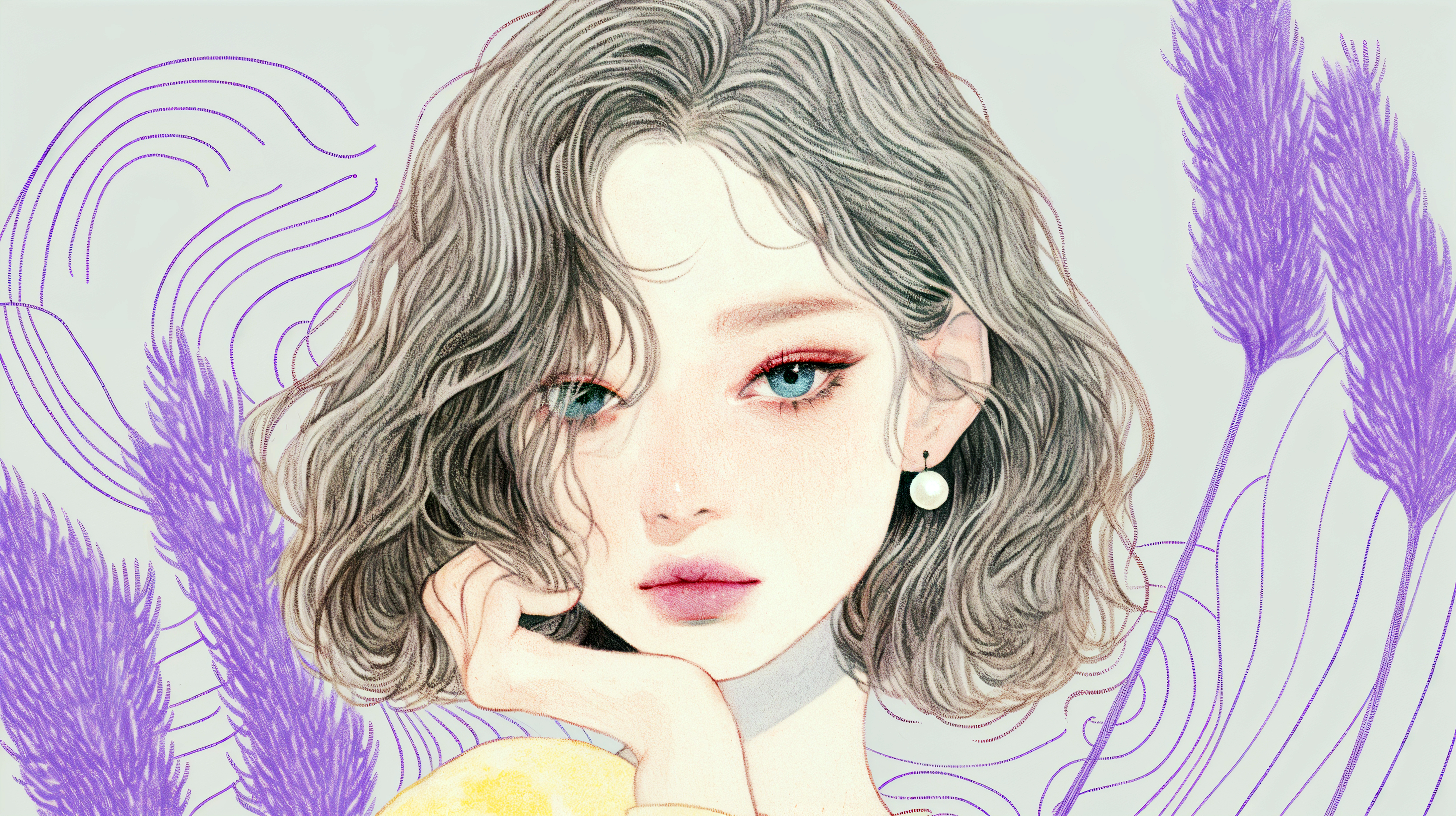 植物や花と美しい女性の淡い水彩ポートレートイラスト no.5