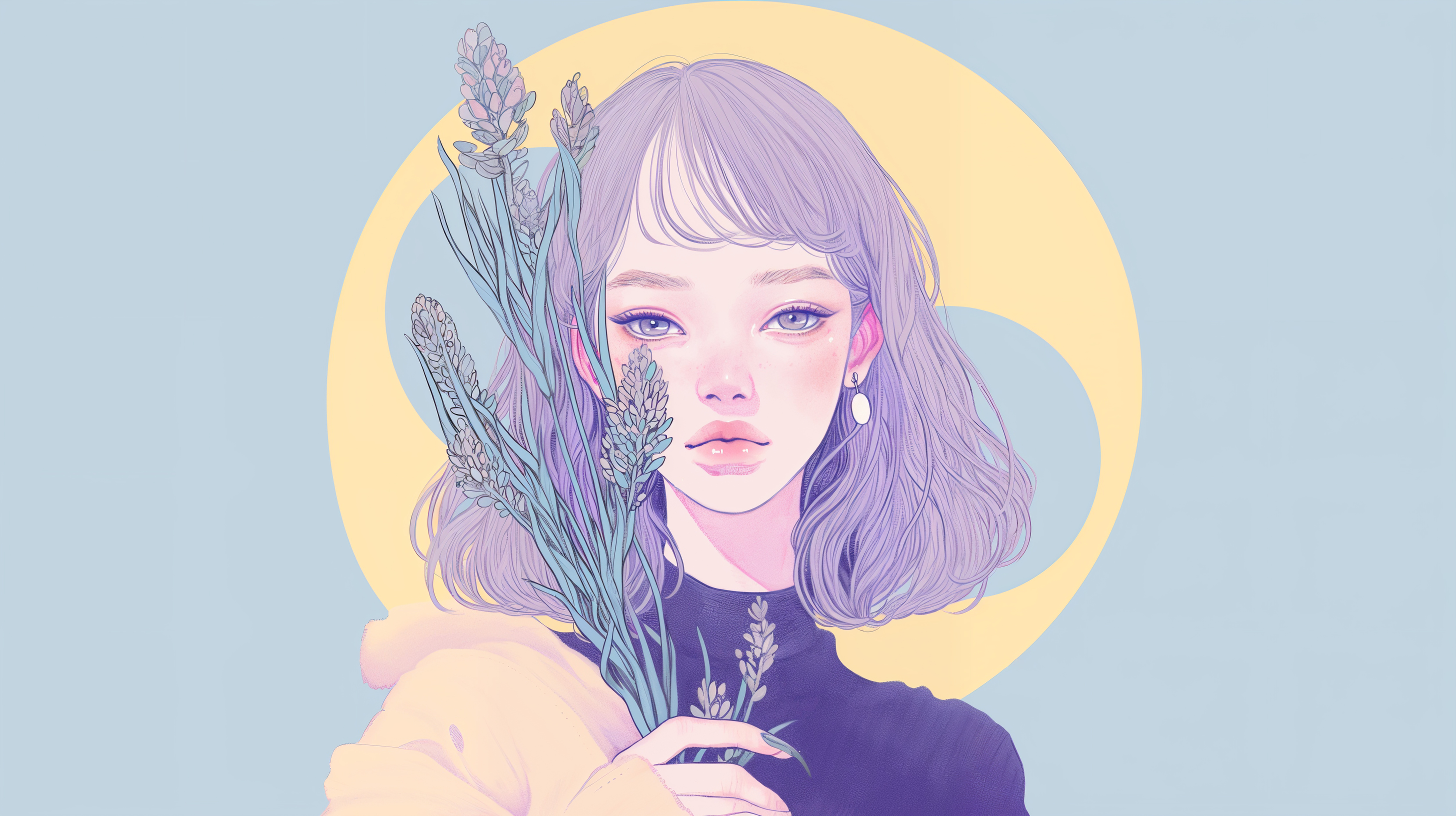 植物や花と美しい女性の淡い水彩ポートレートイラスト no.8