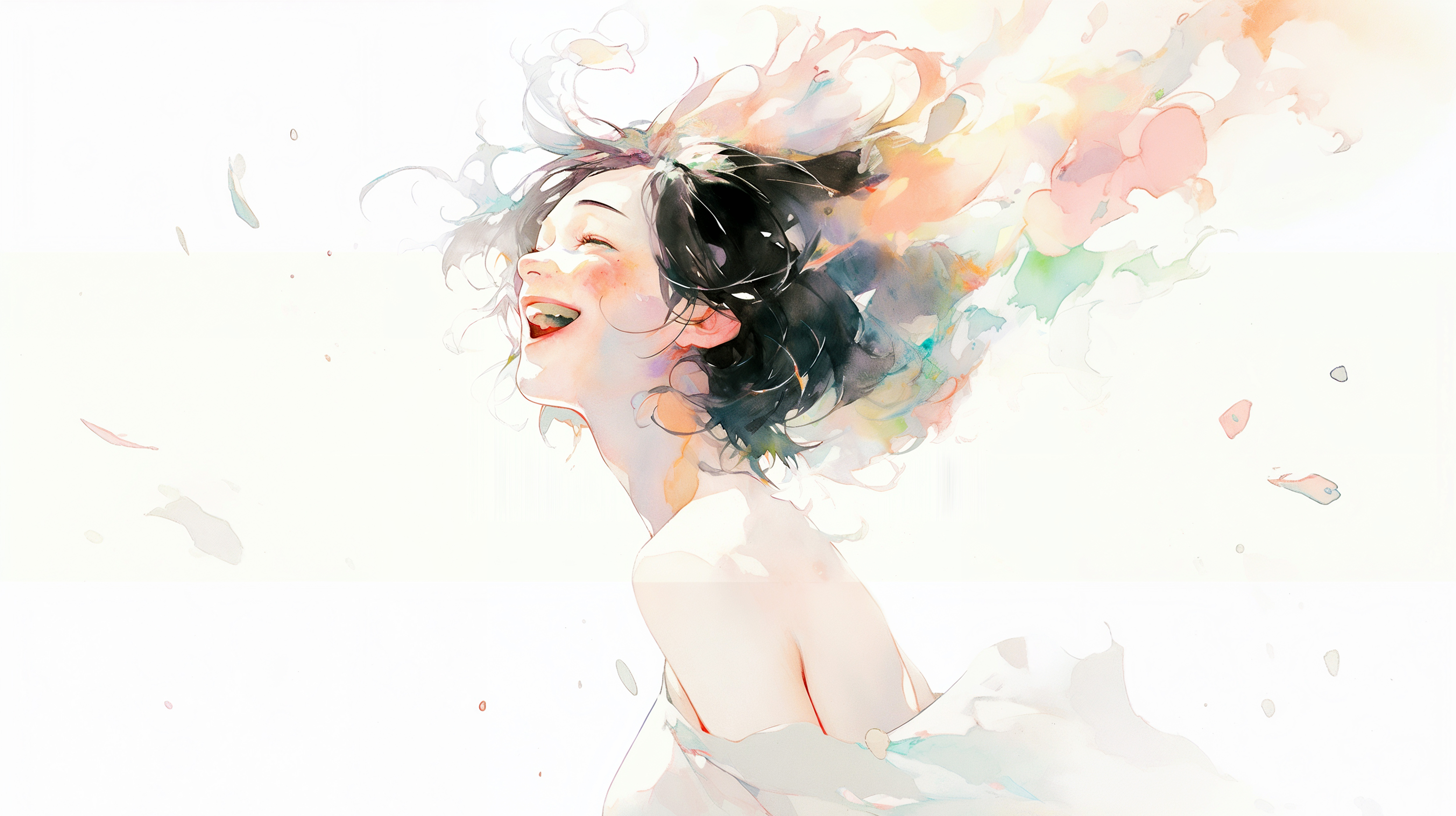 ドレスを着た弾ける笑顔の女性の水彩イラスト no.4