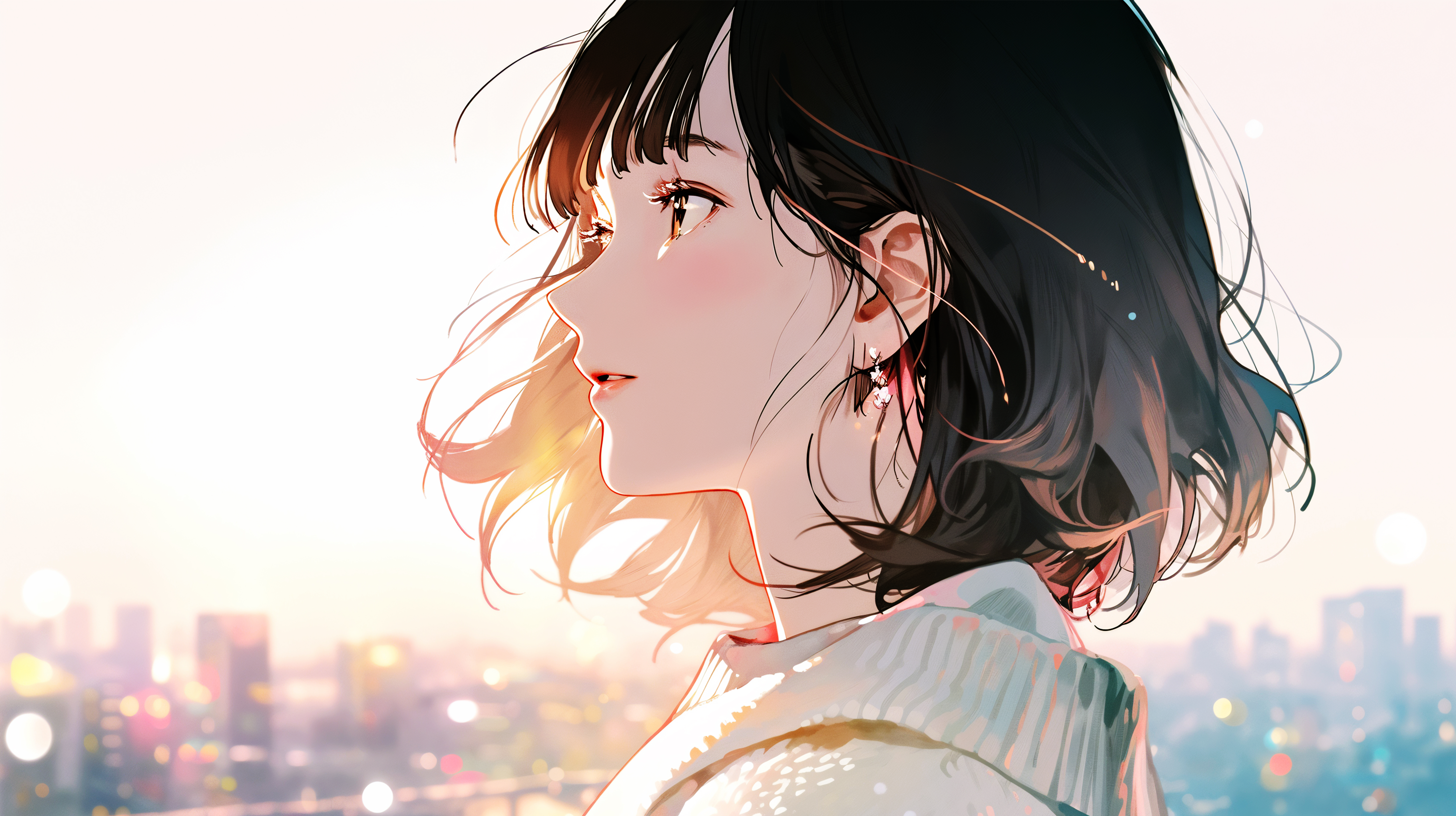 都会の風景を背に歩く女性の横顔ポートレートイラスト no.2