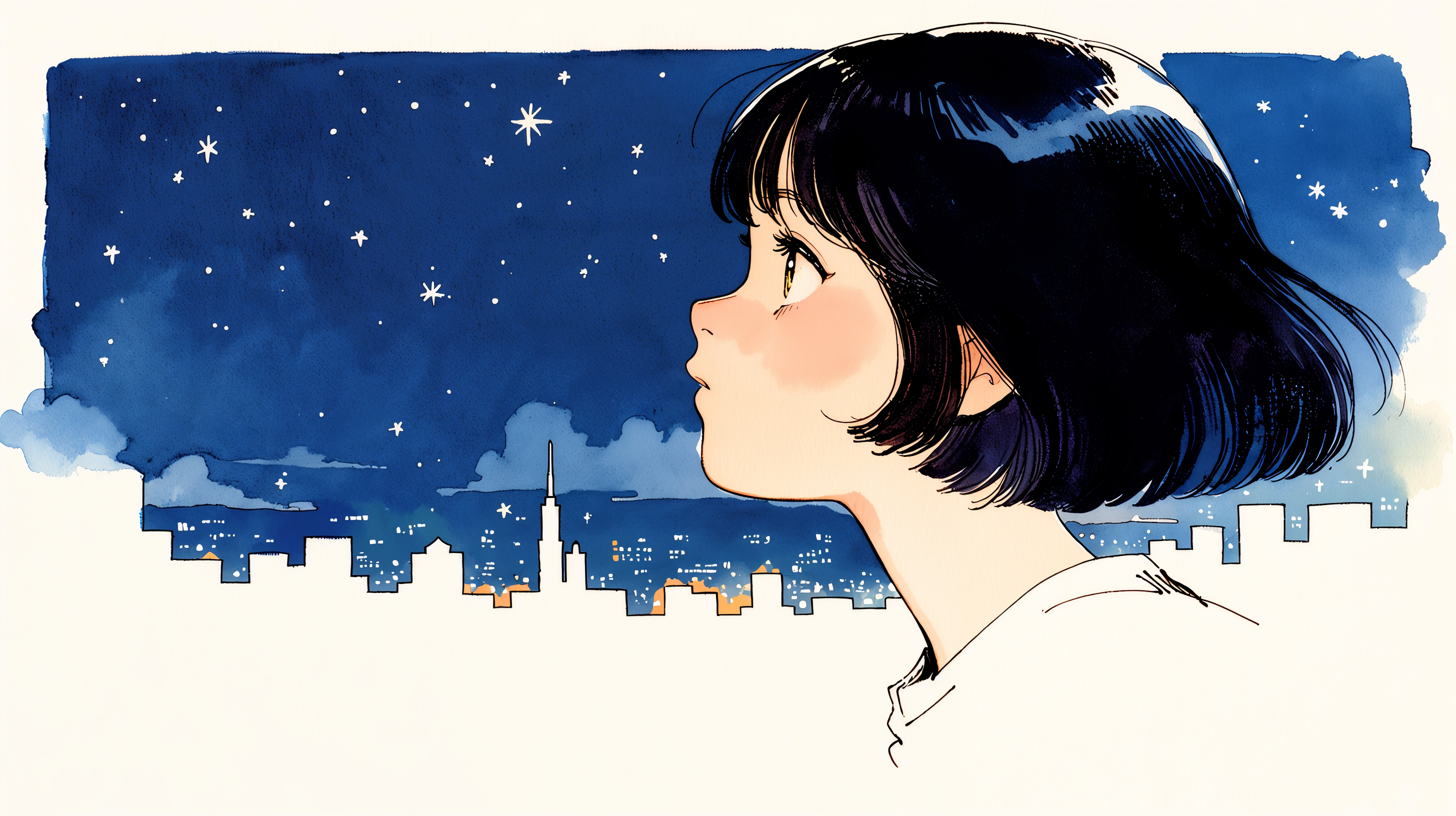 夜の星空を見上げるレトロチックな女の子のイラスト no.1
