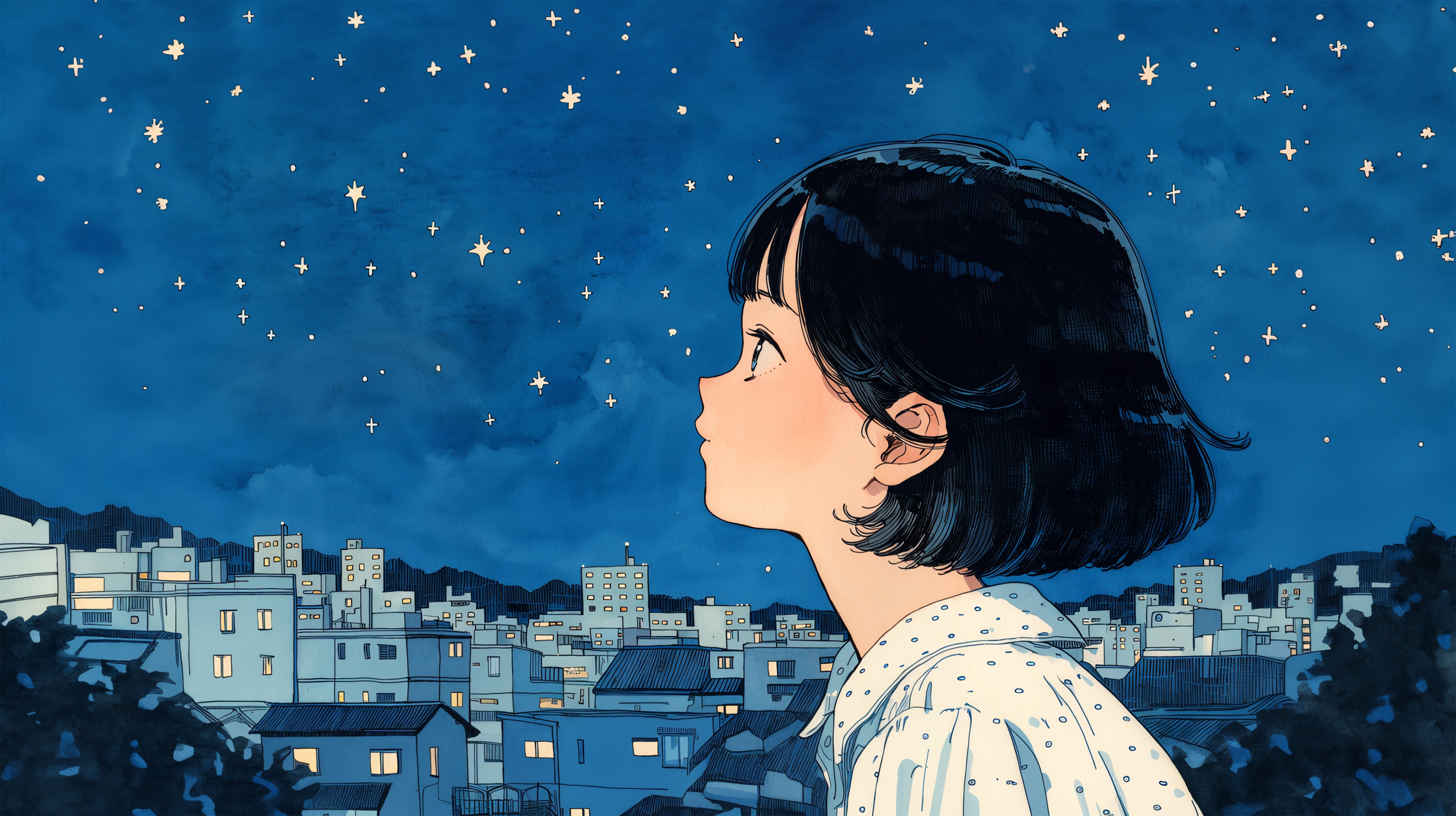 夜の星空を見上げるレトロチックな女の子のイラスト no.2