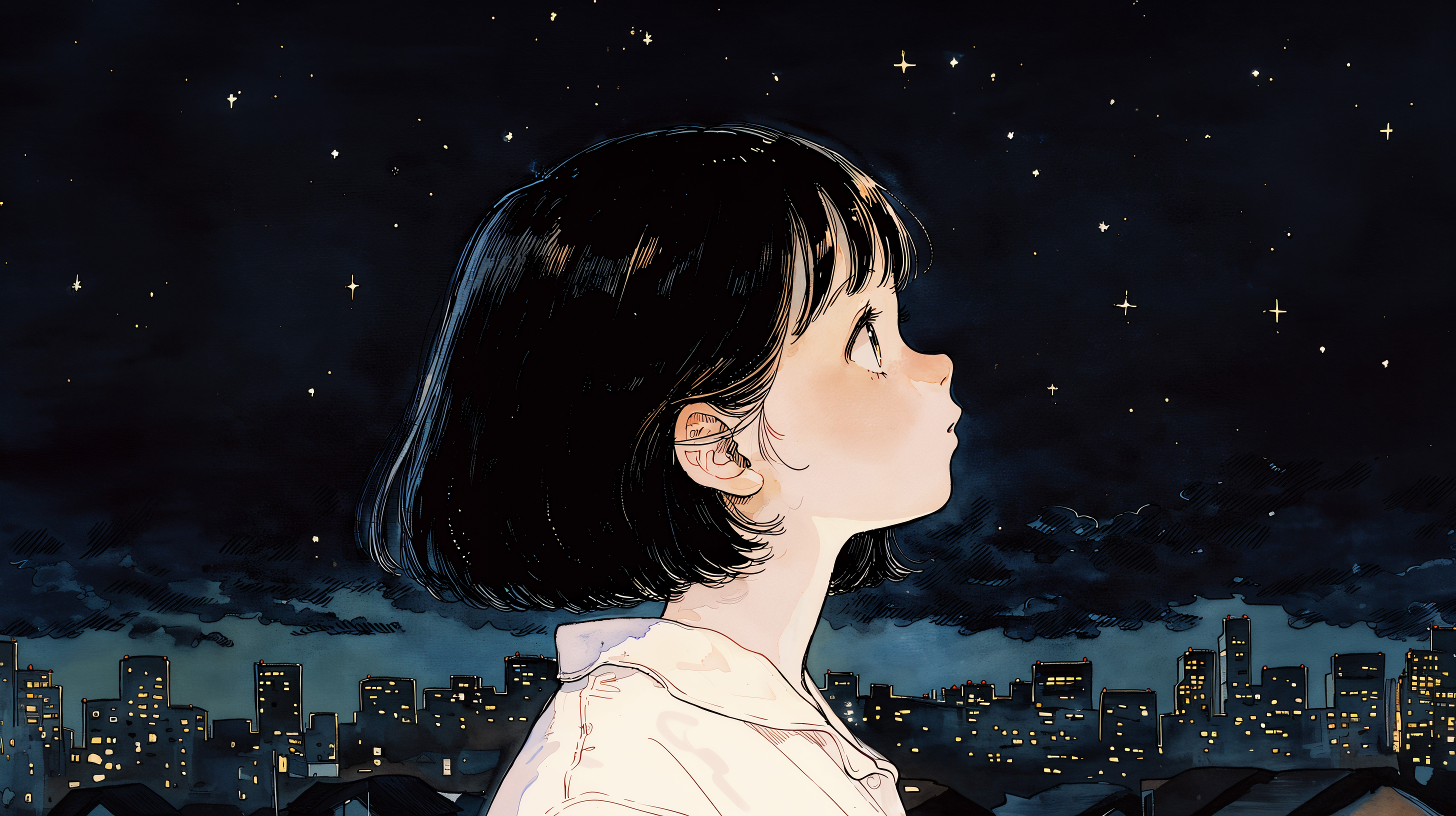 夜の星空を見上げるレトロチックな女の子のイラスト no.3
