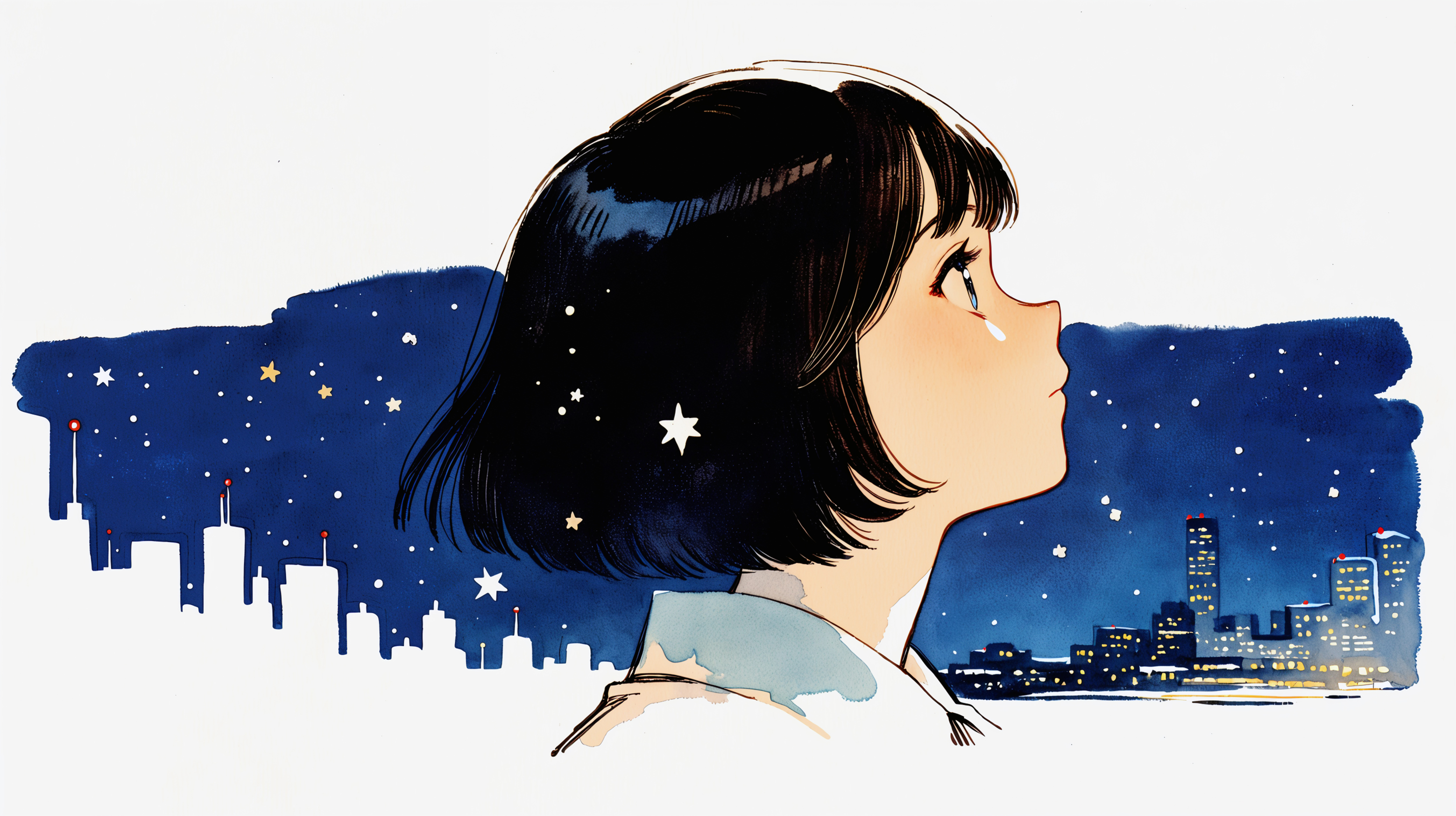 夜の星空を見上げるレトロチックな女の子のイラスト no.4