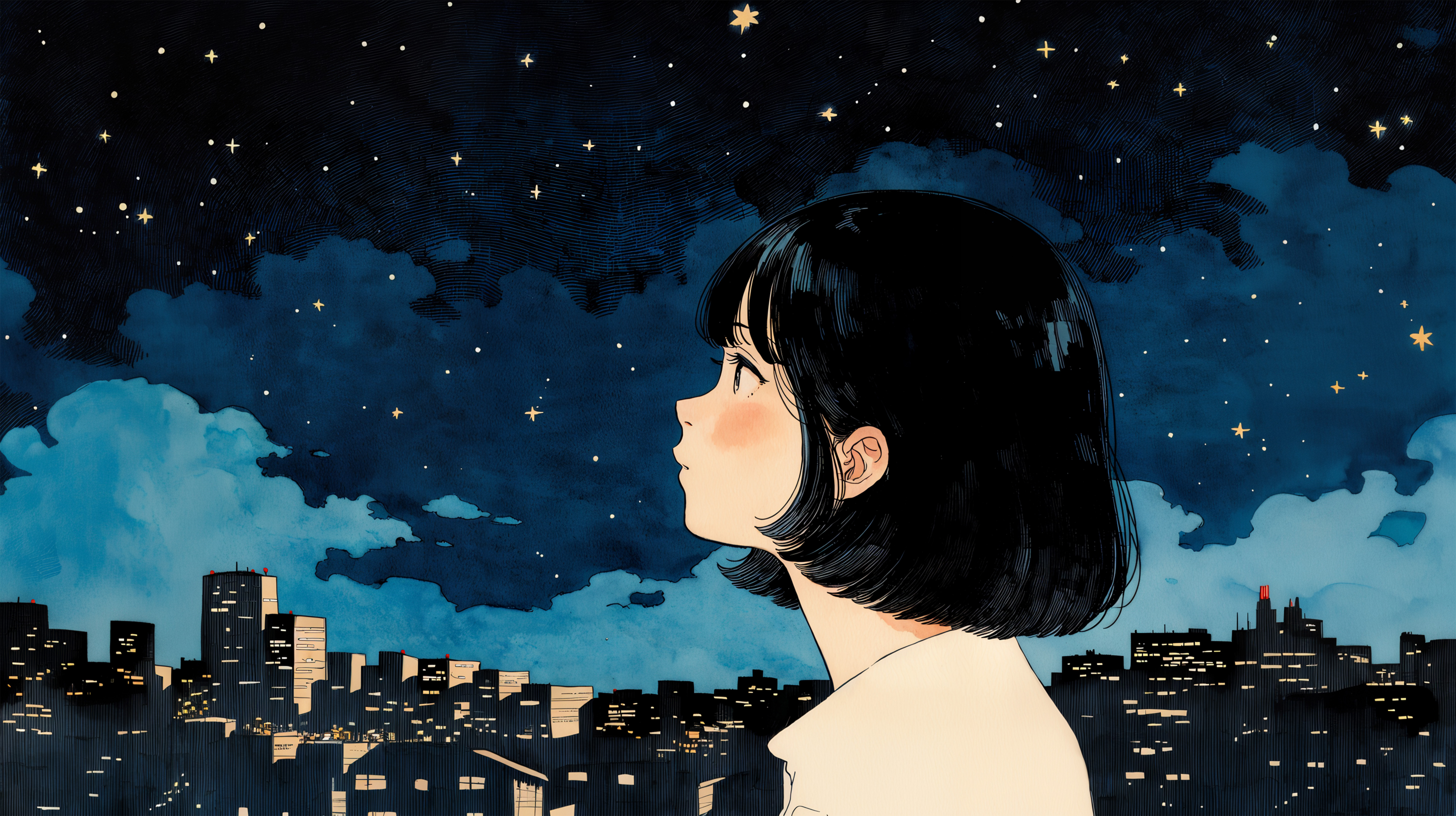 夜の星空を見上げるレトロチックな女の子のイラスト no.5