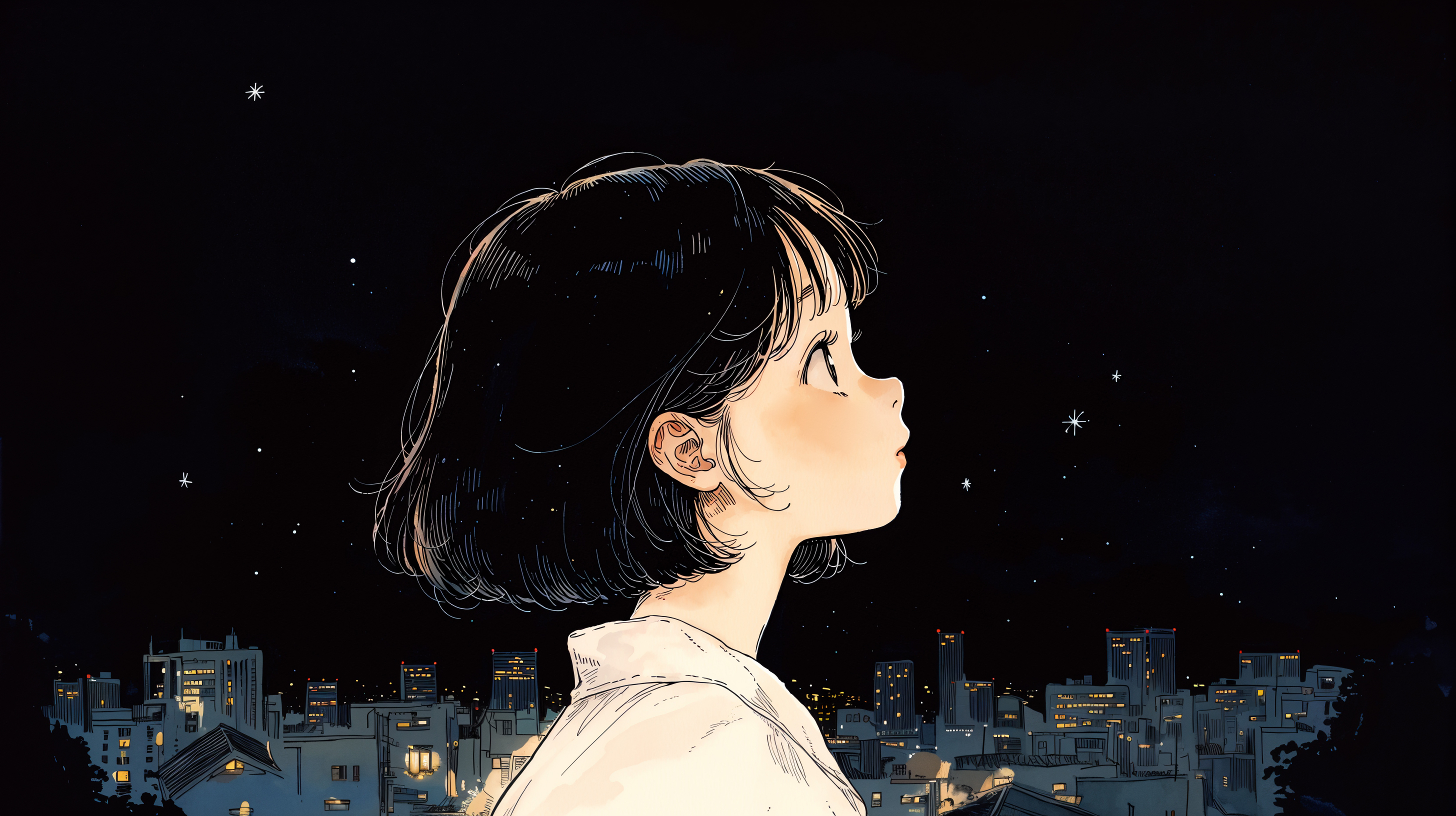夜の星空を見上げるレトロチックな女の子のイラスト no.6
