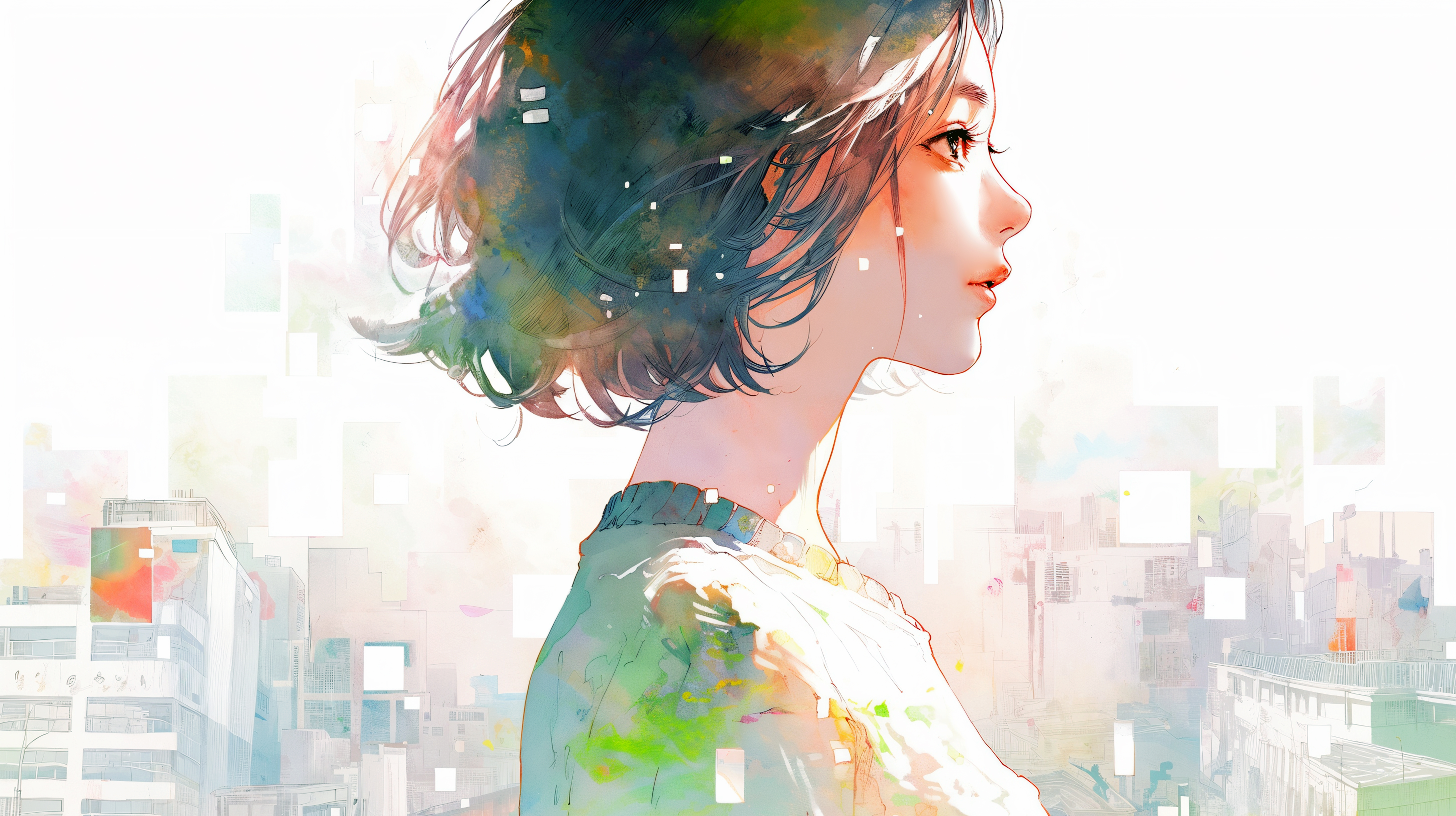 都会で真っ直ぐ前を見つめる女性の横顔ポートレートイラスト