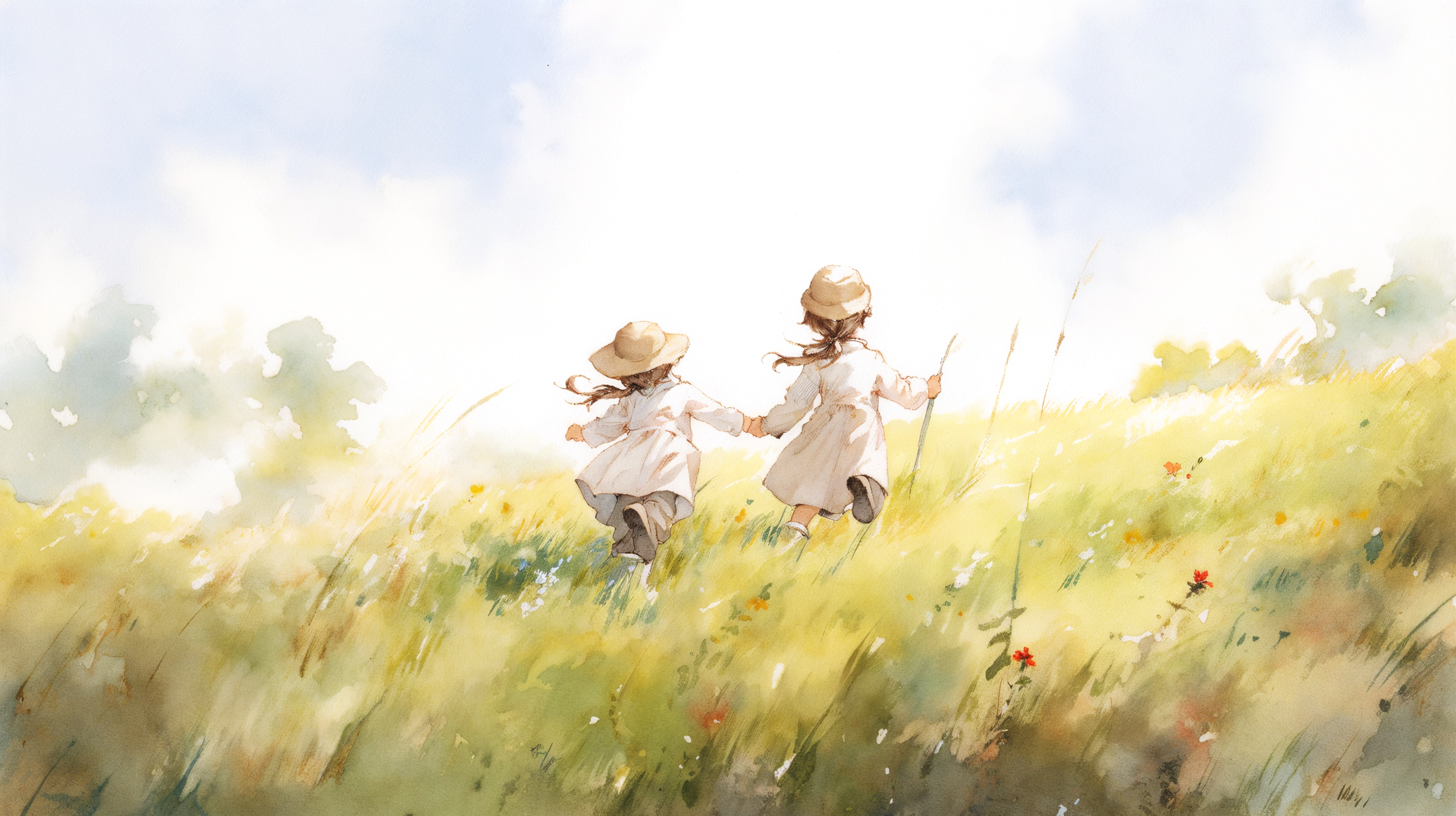 草原を走る子供達の後ろ姿を描いた水彩イラスト