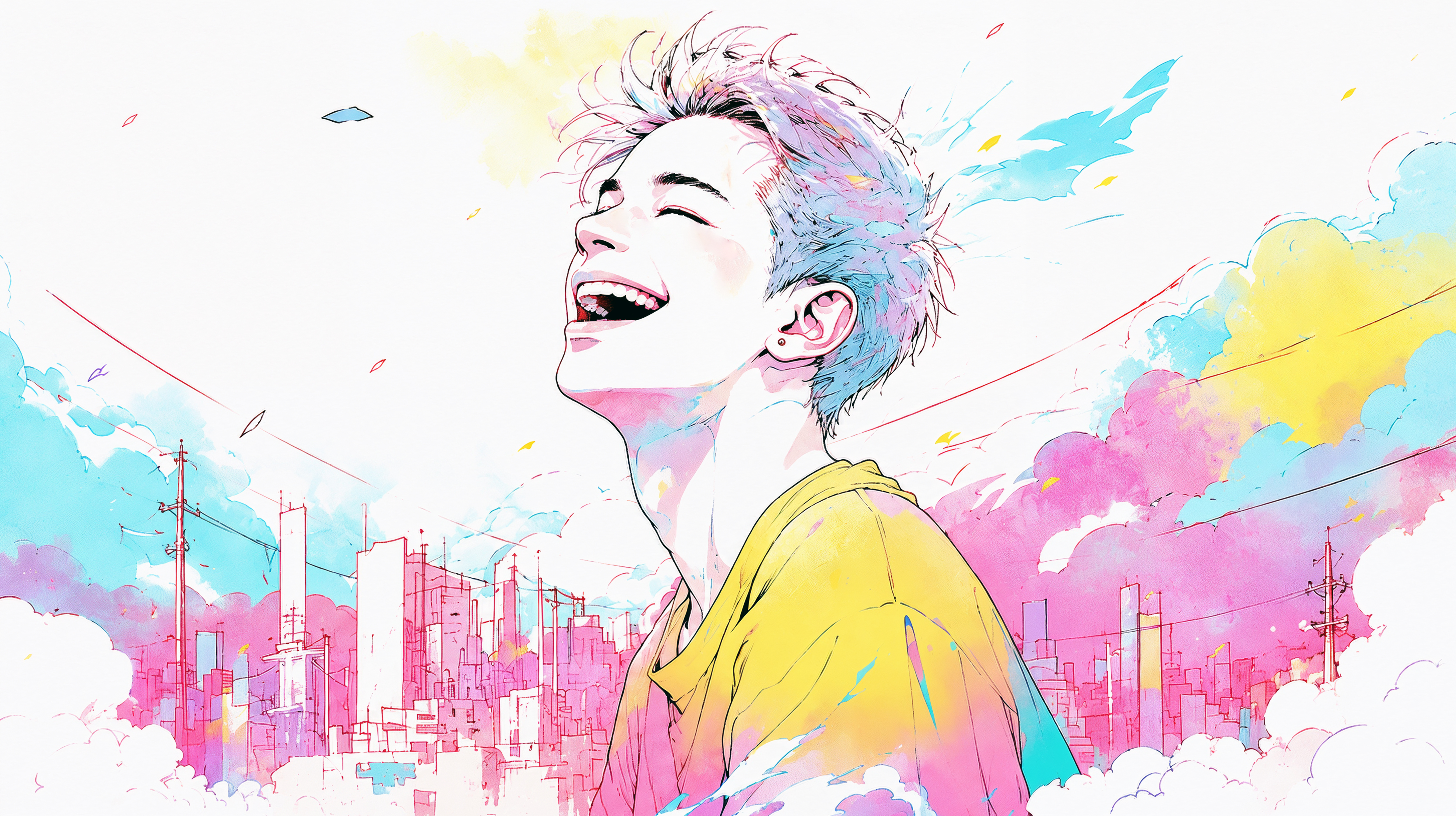 カラフルな街を幸せいっぱいの笑顔で歩く男性のイラスト no.2