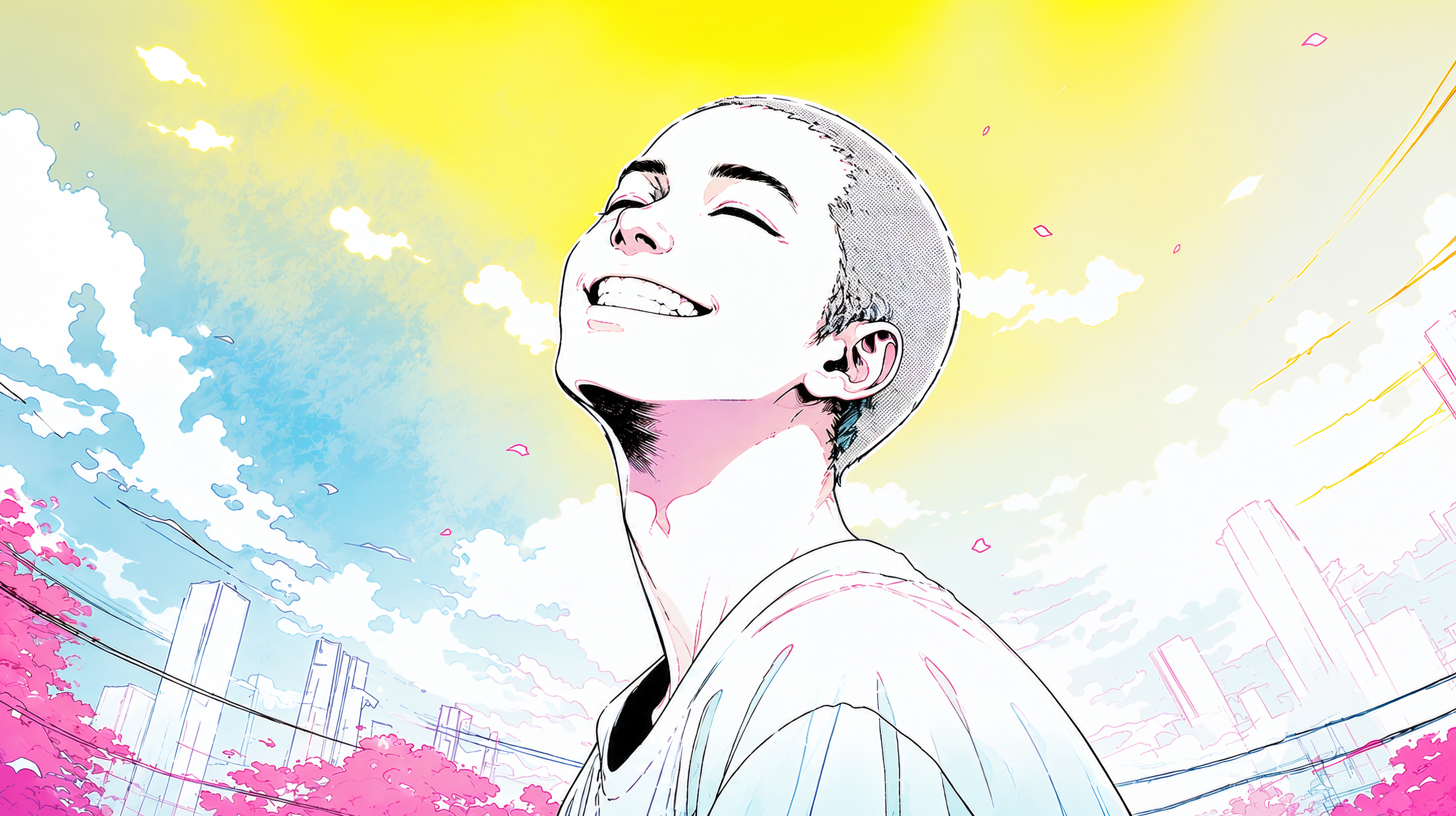 カラフルな街を幸せいっぱいの笑顔で歩く男性のイラスト no.3
