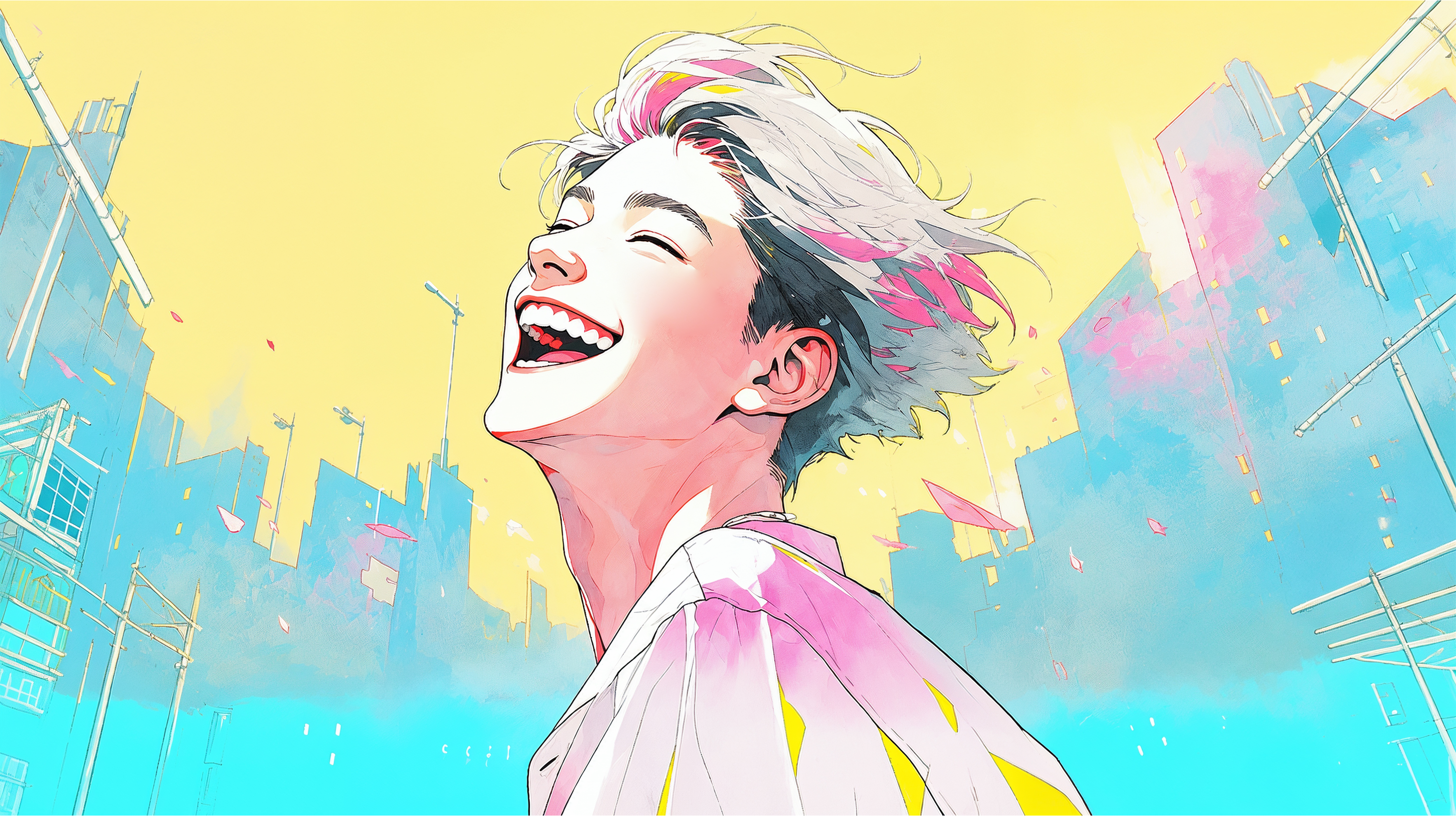 カラフルな街を幸せいっぱいの笑顔で歩く男性のイラスト no.8