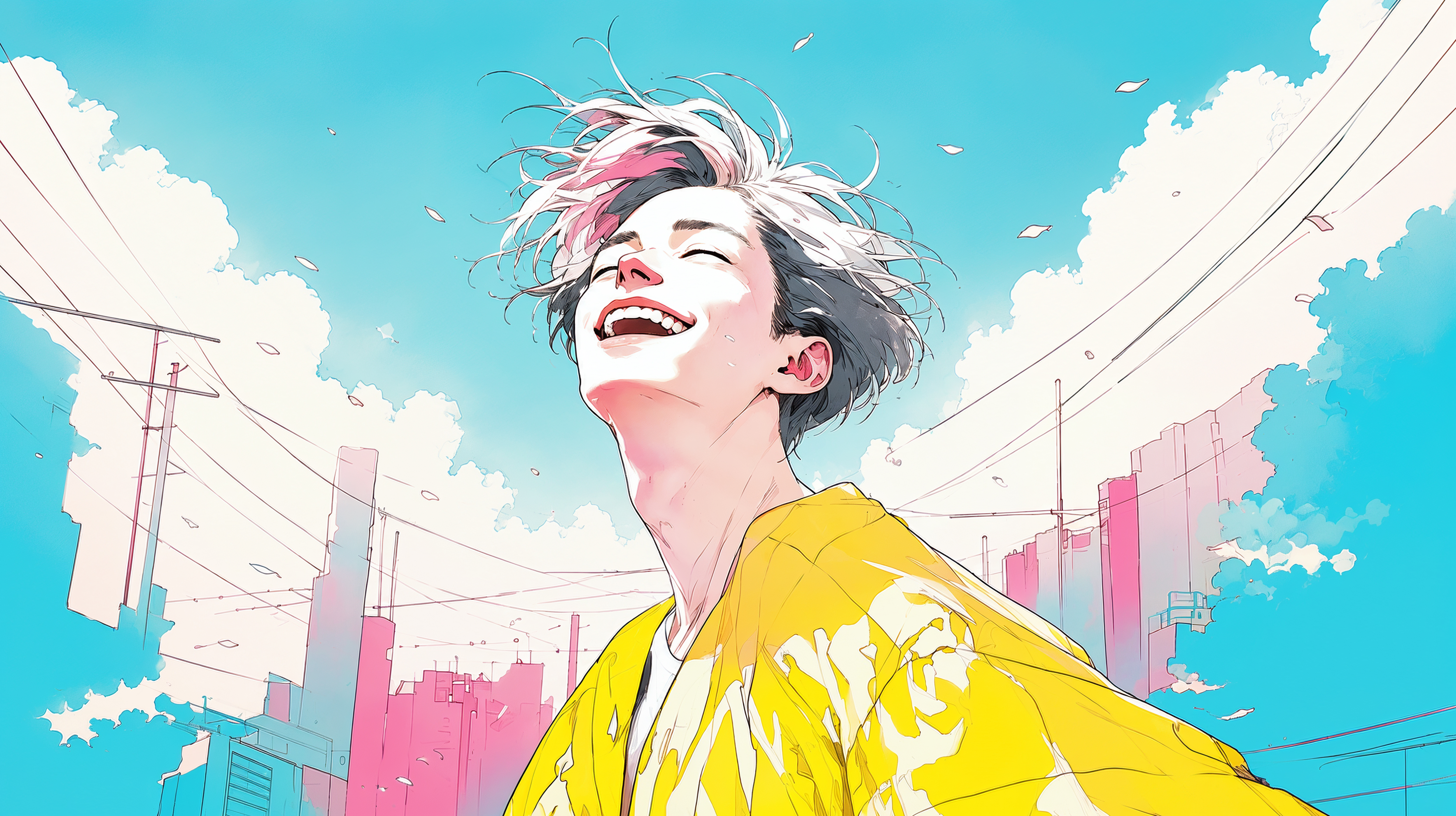 カラフルな街を幸せいっぱいの笑顔で歩く男性のイラスト no.9