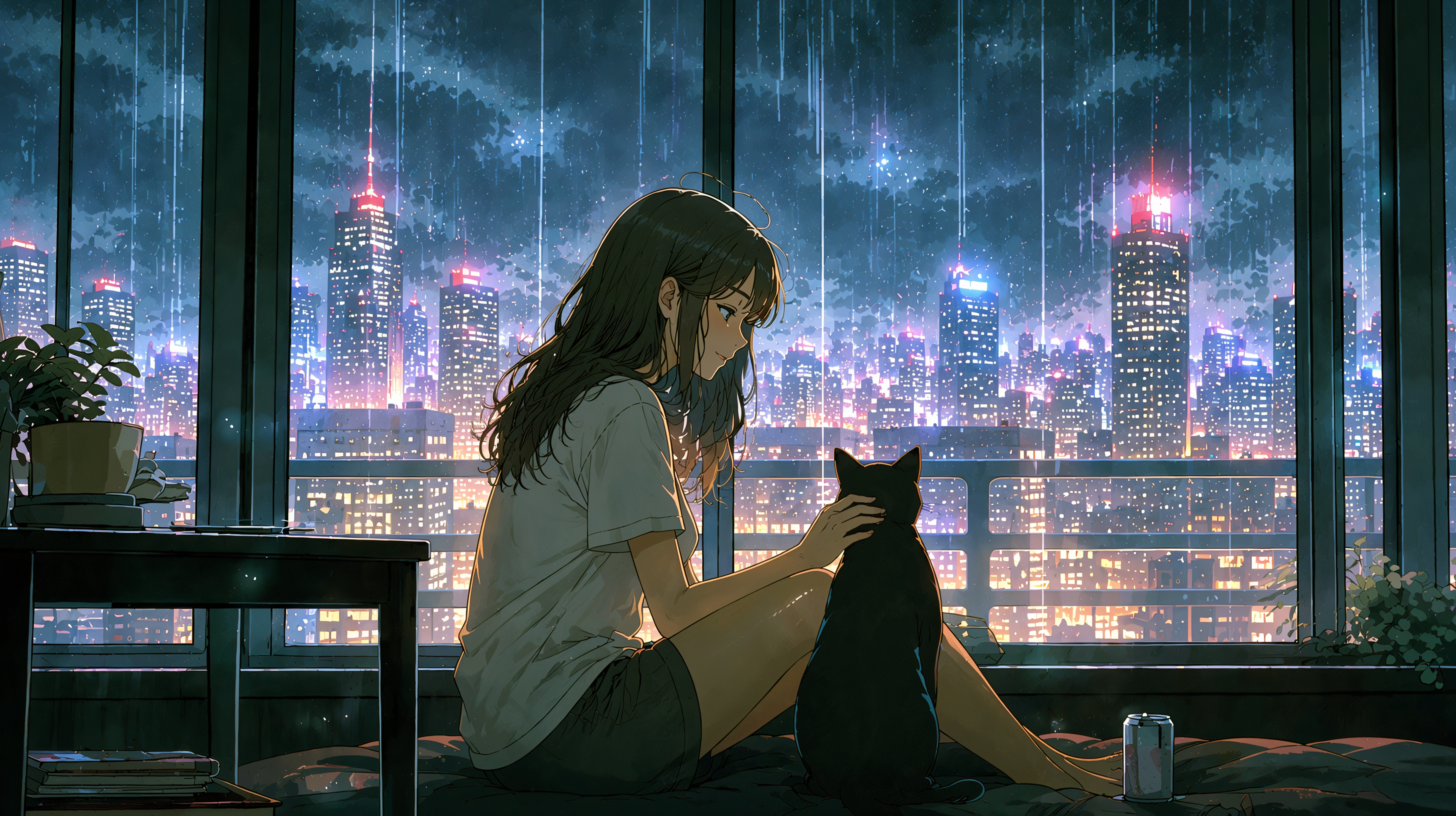 雨の降る都会の夜景を猫と楽しむ女の子のイラスト no.3
