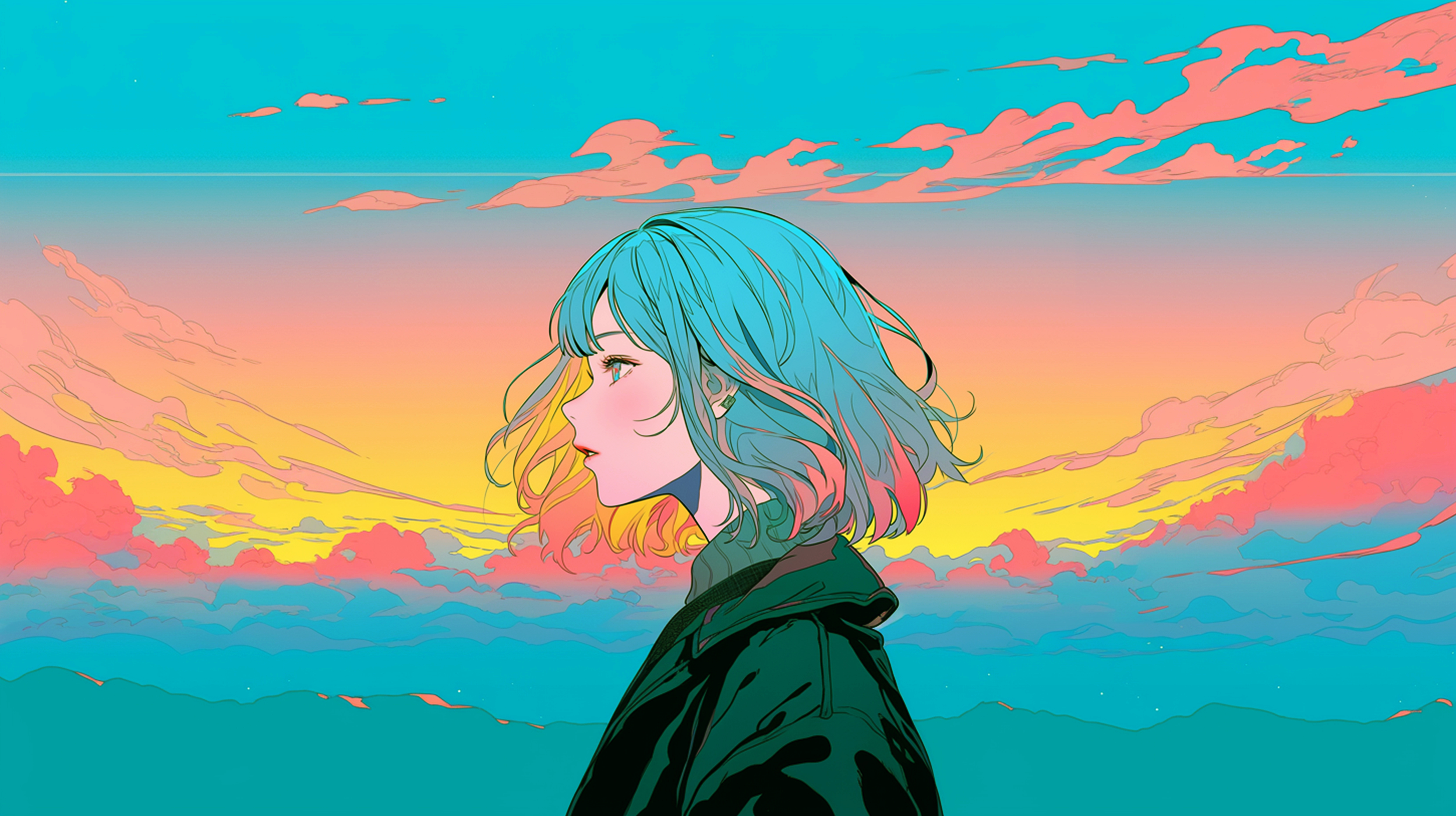 美しい夕日と歩く女性のエモーショナルなイラスト no.1