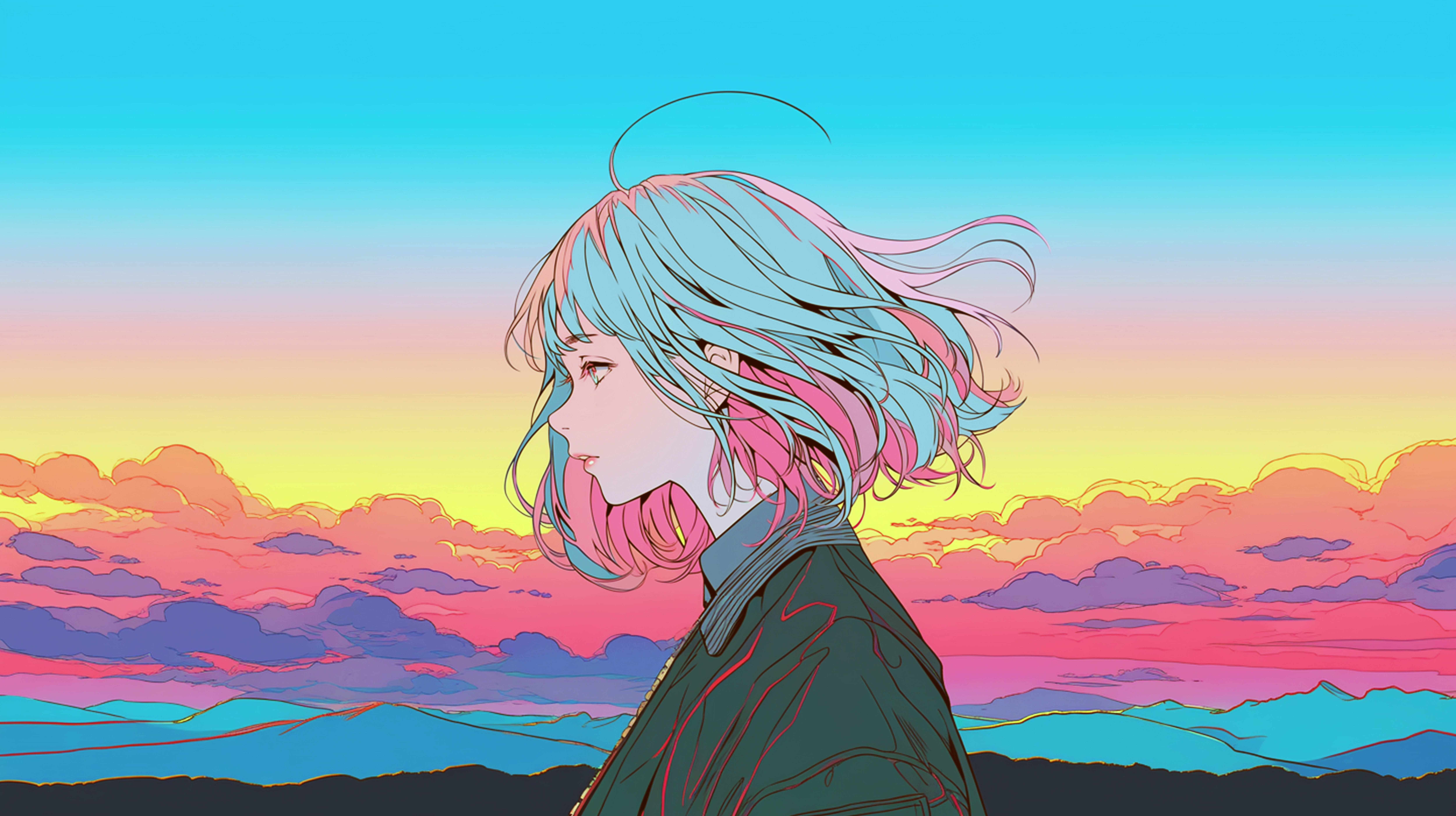 美しい夕日と歩く女性のエモーショナルなイラスト no.2