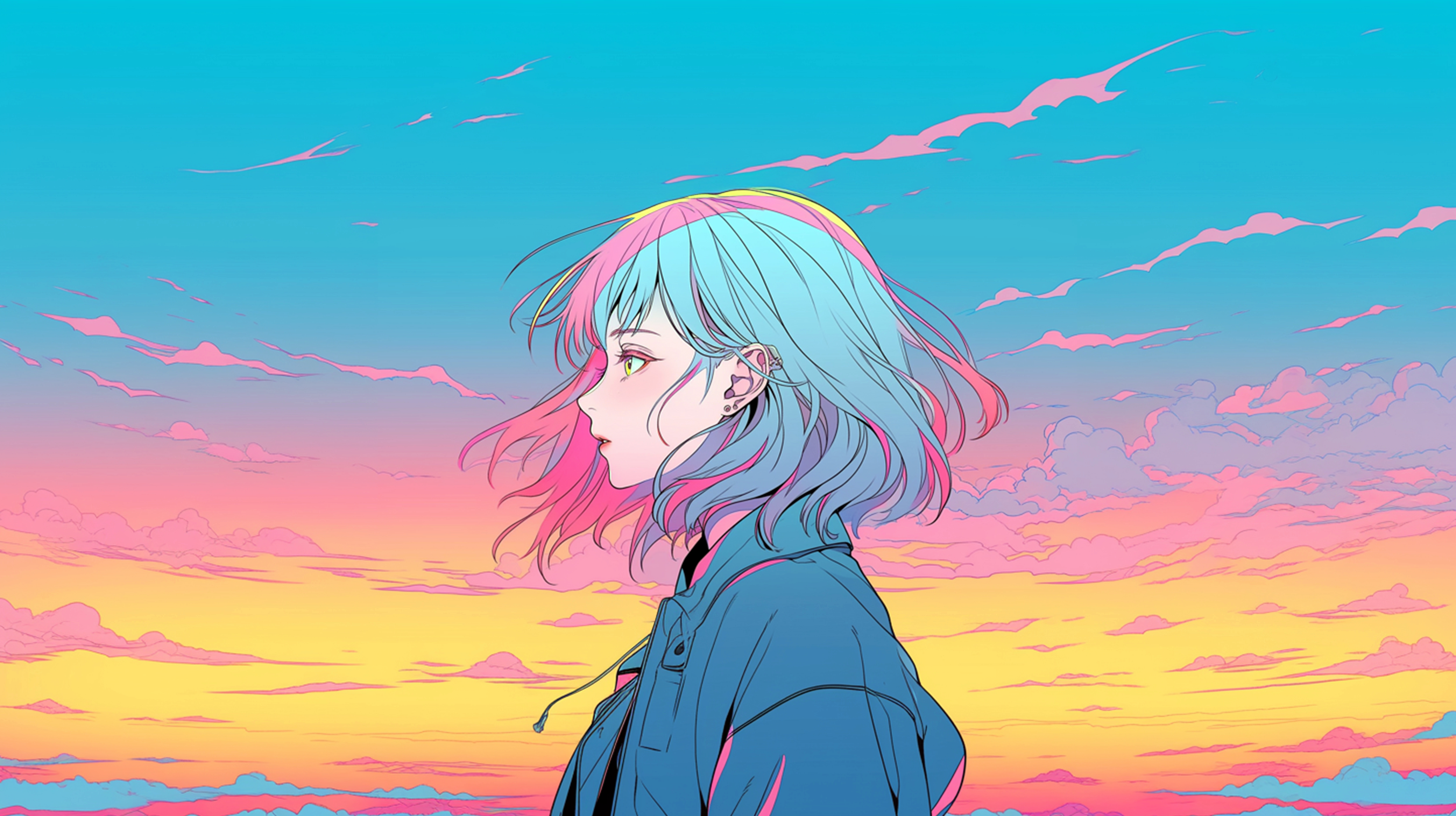 美しい夕日と歩く女性のエモーショナルなイラスト no.3