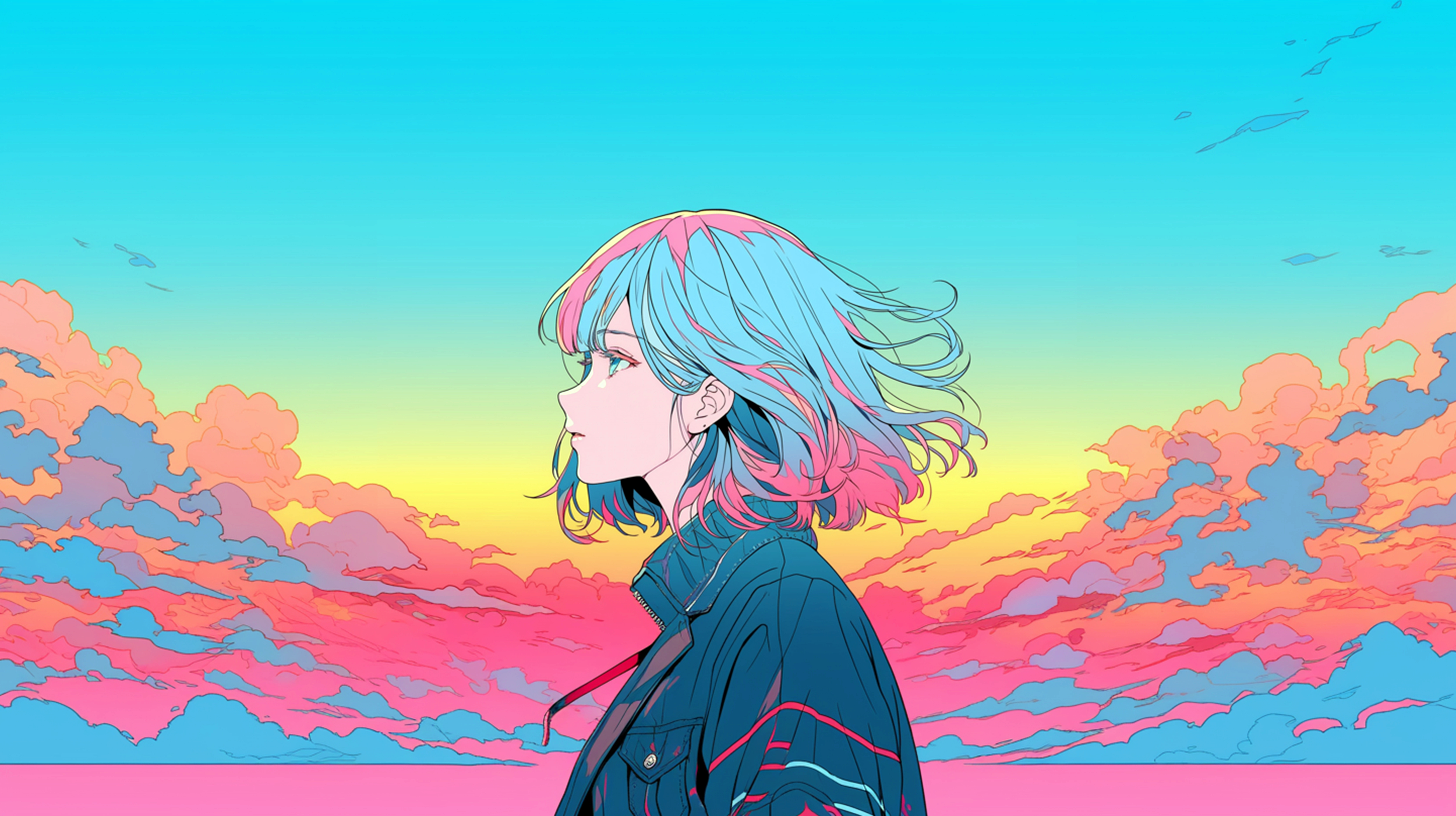 美しい夕日と歩く女性のエモーショナルなイラスト no.4