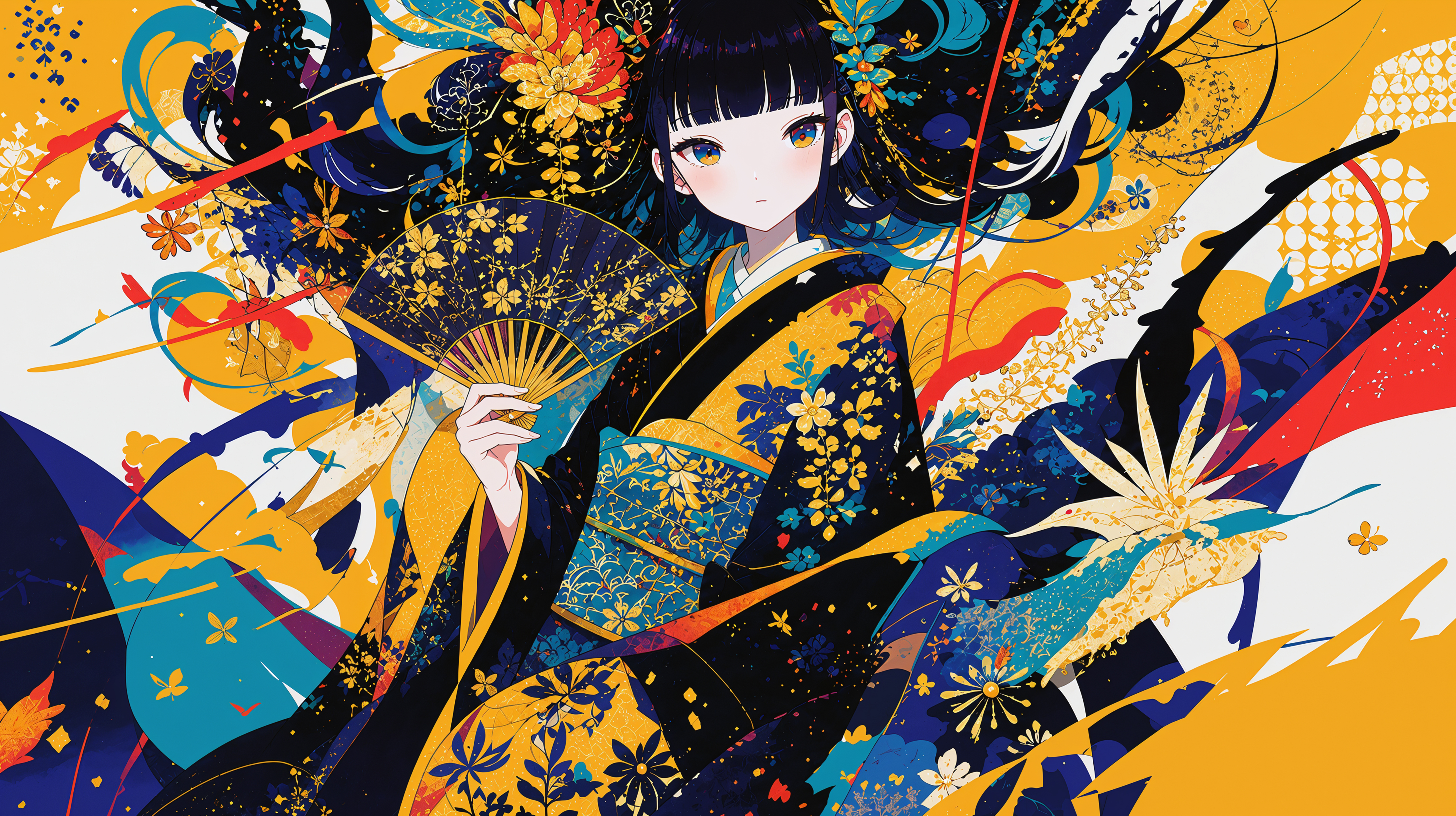 幻想的に描かれた着物を着た女の子の和風イラスト no.1