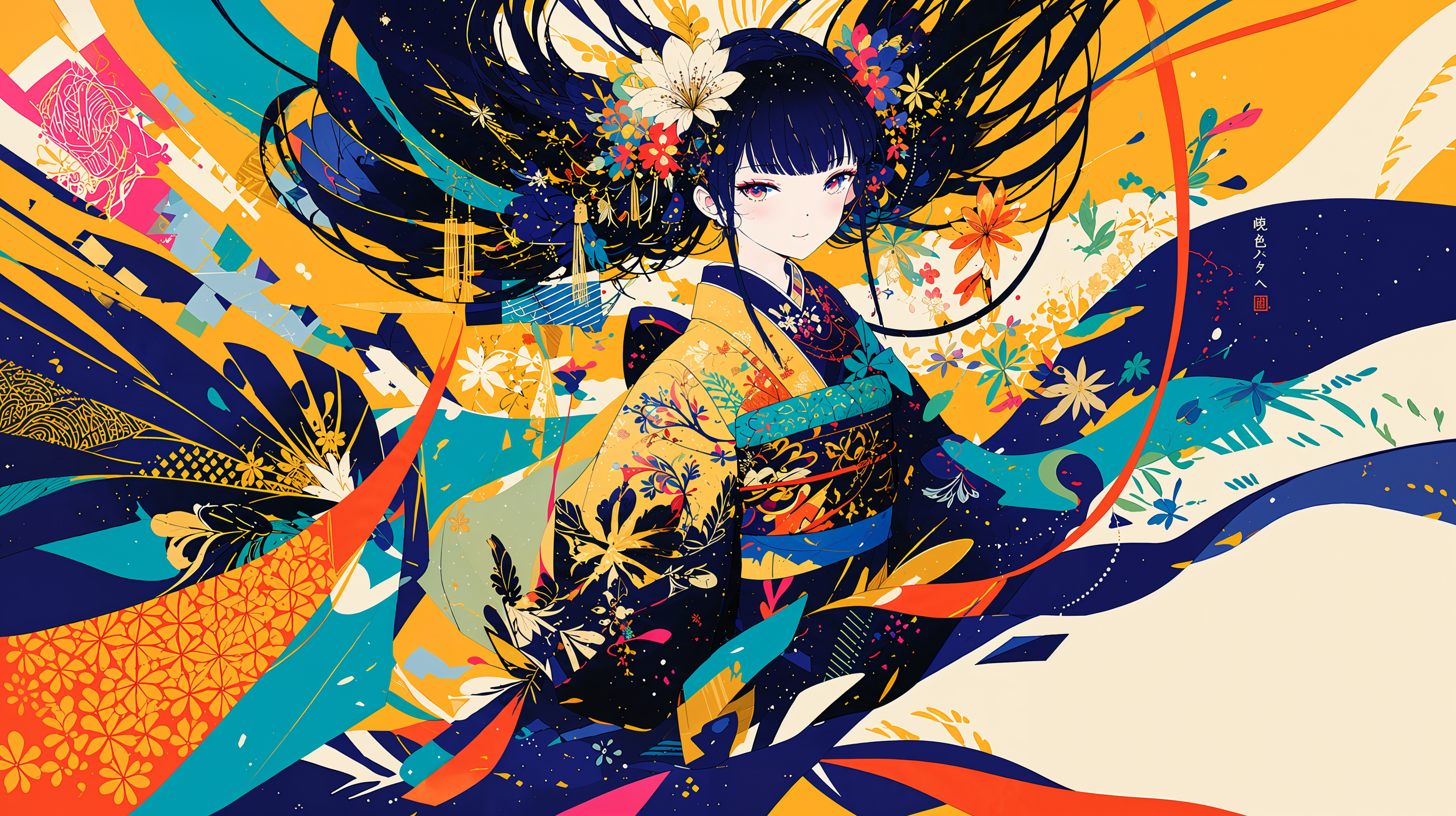 幻想的に描かれた着物を着た女の子の和風イラスト no.2
