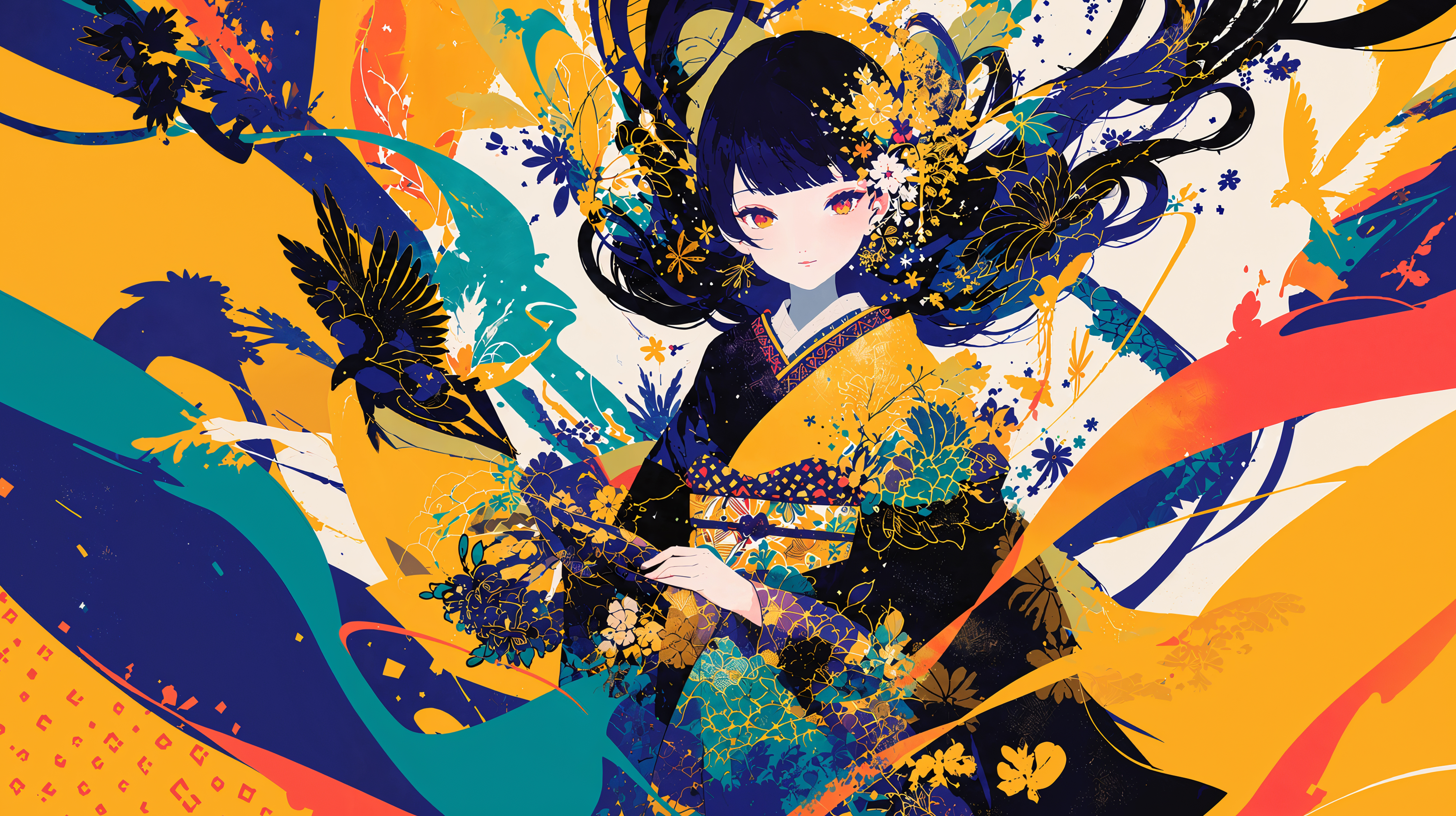 幻想的に描かれた着物を着た女の子の和風イラスト no.3
