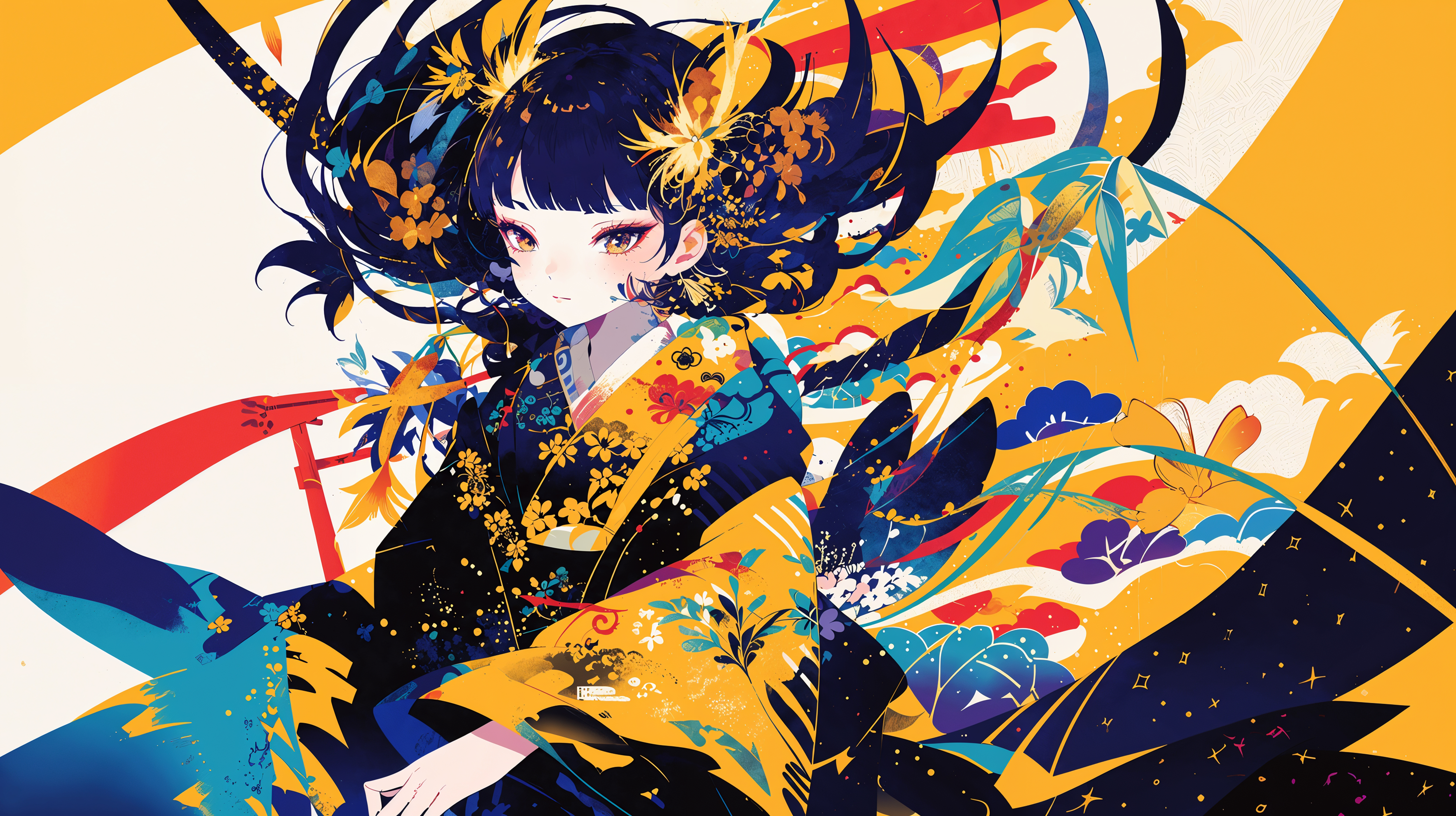 幻想的に描かれた着物を着た女の子の和風イラスト no.4