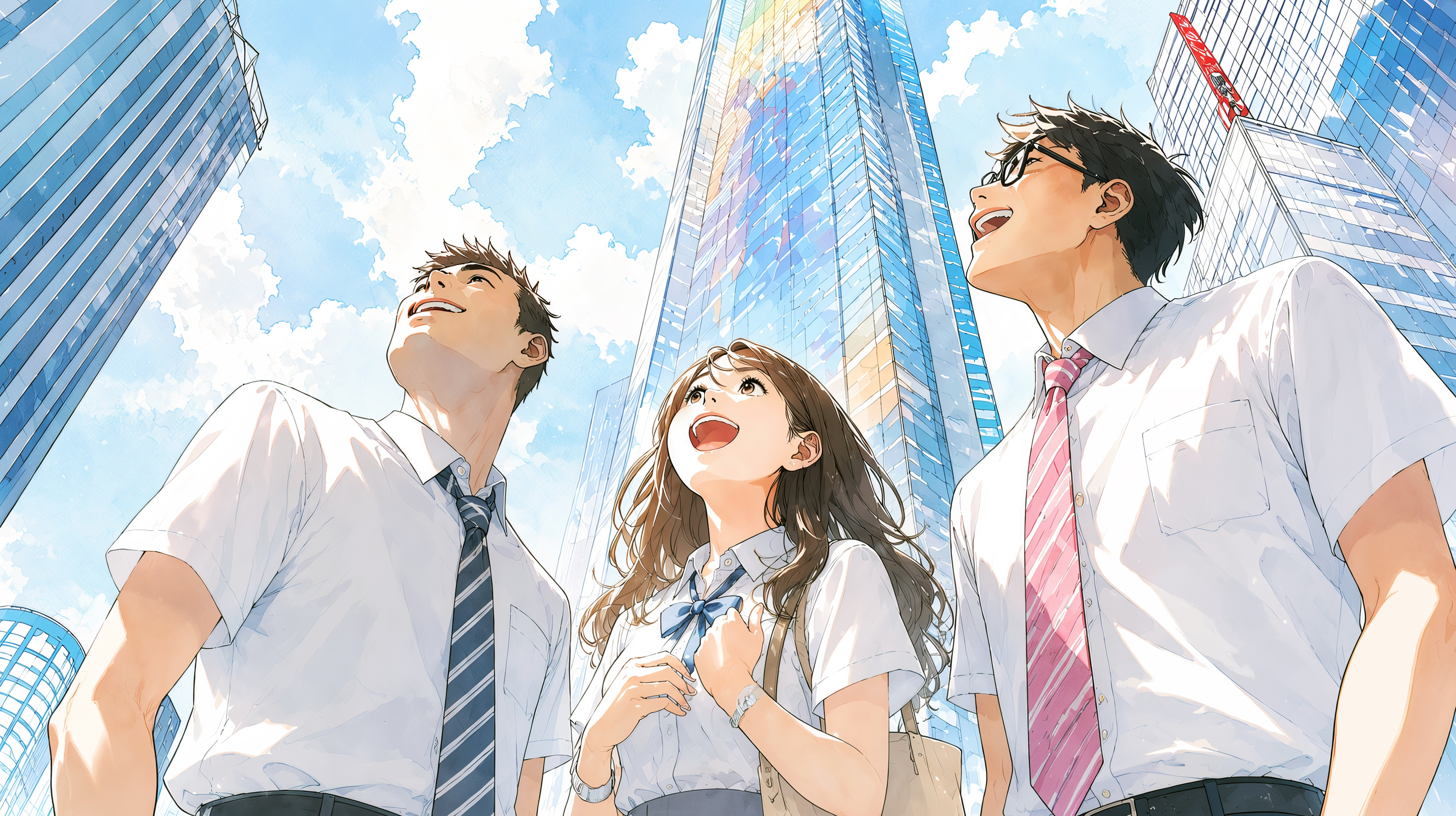 都会の空を見上げる若い男女 no.1