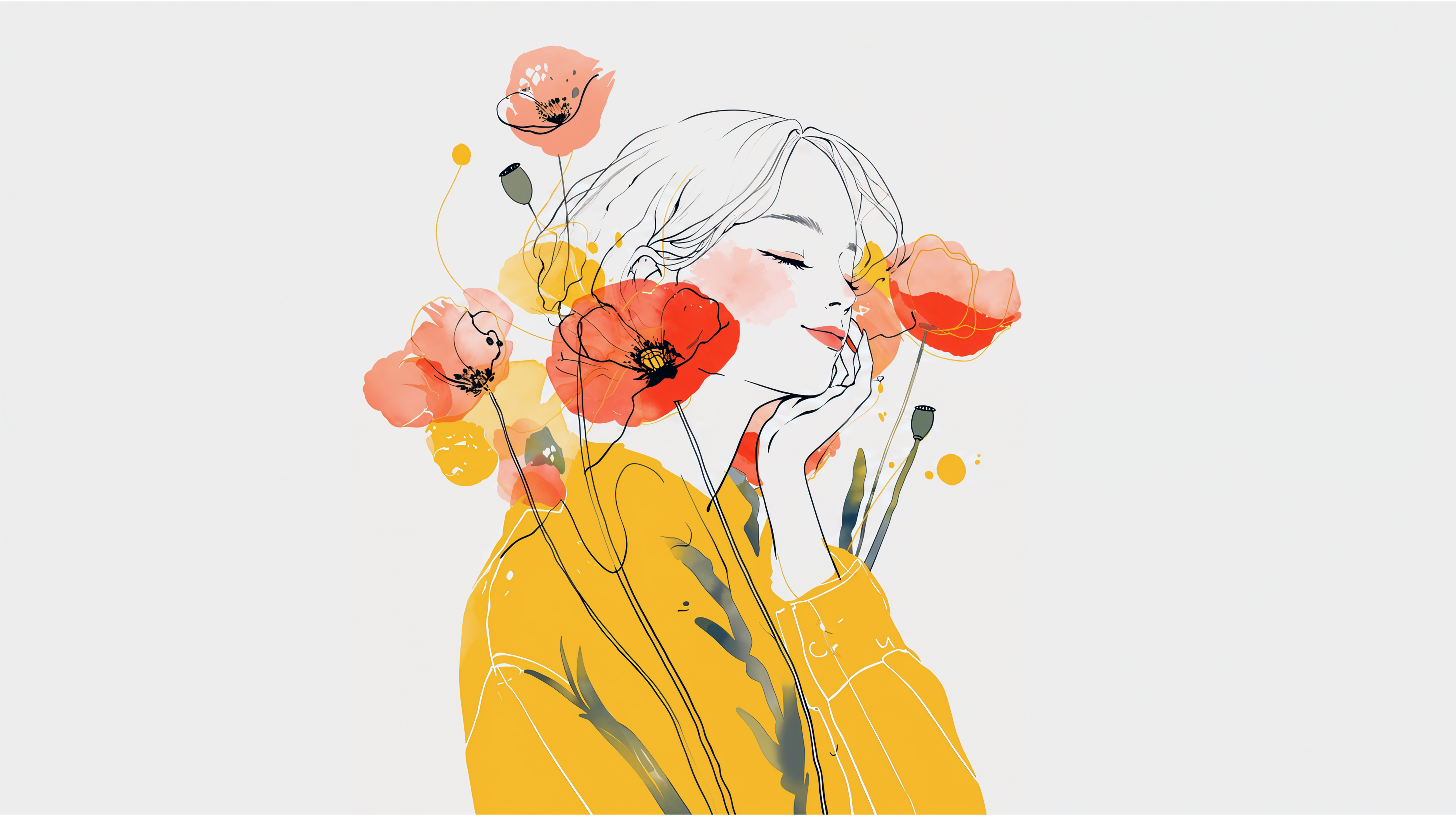 ポピーの花と幸せそうな女性の水彩イラスト no.1