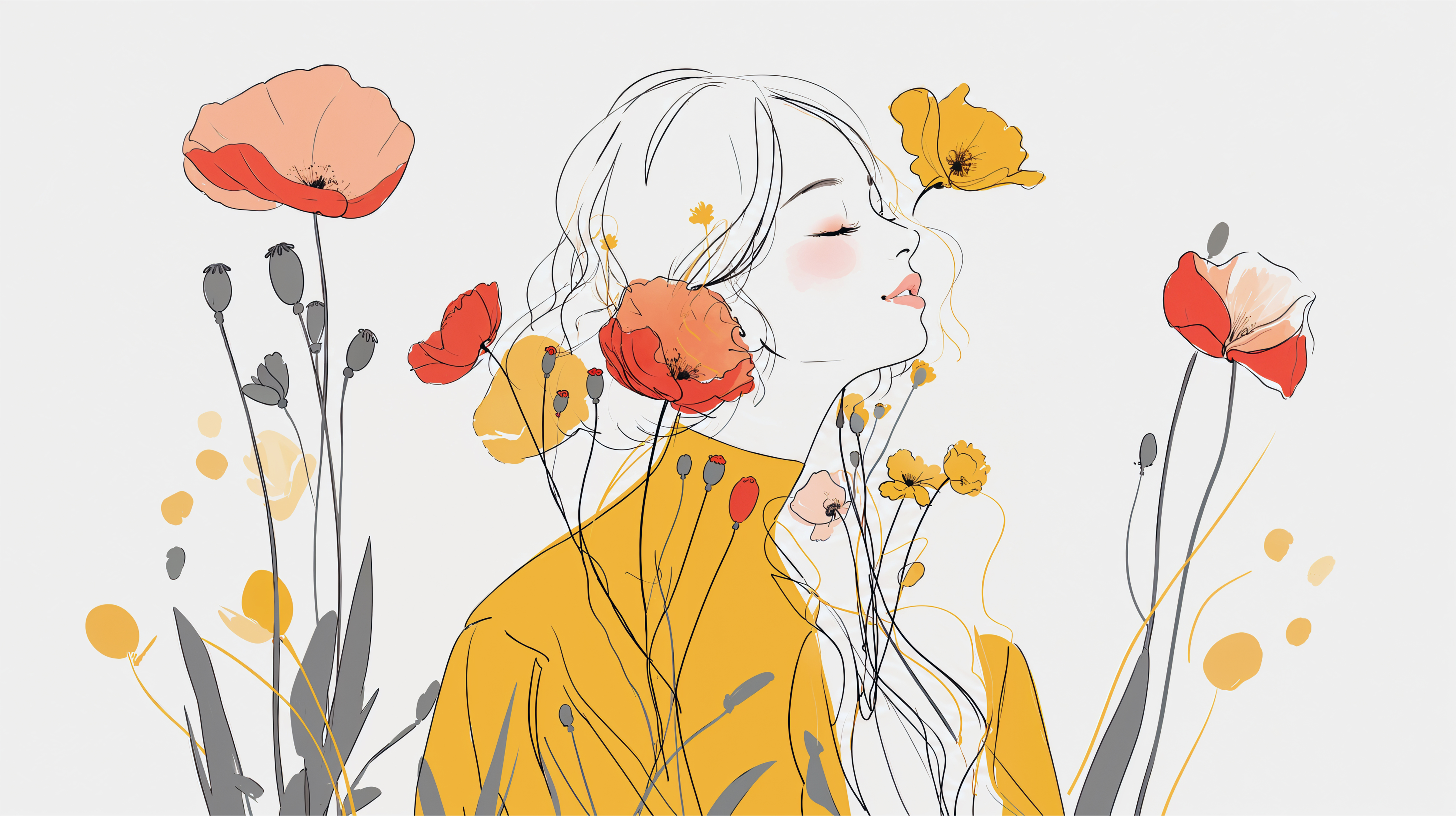 ポピーの花と幸せそうな女性の水彩イラスト no.4
