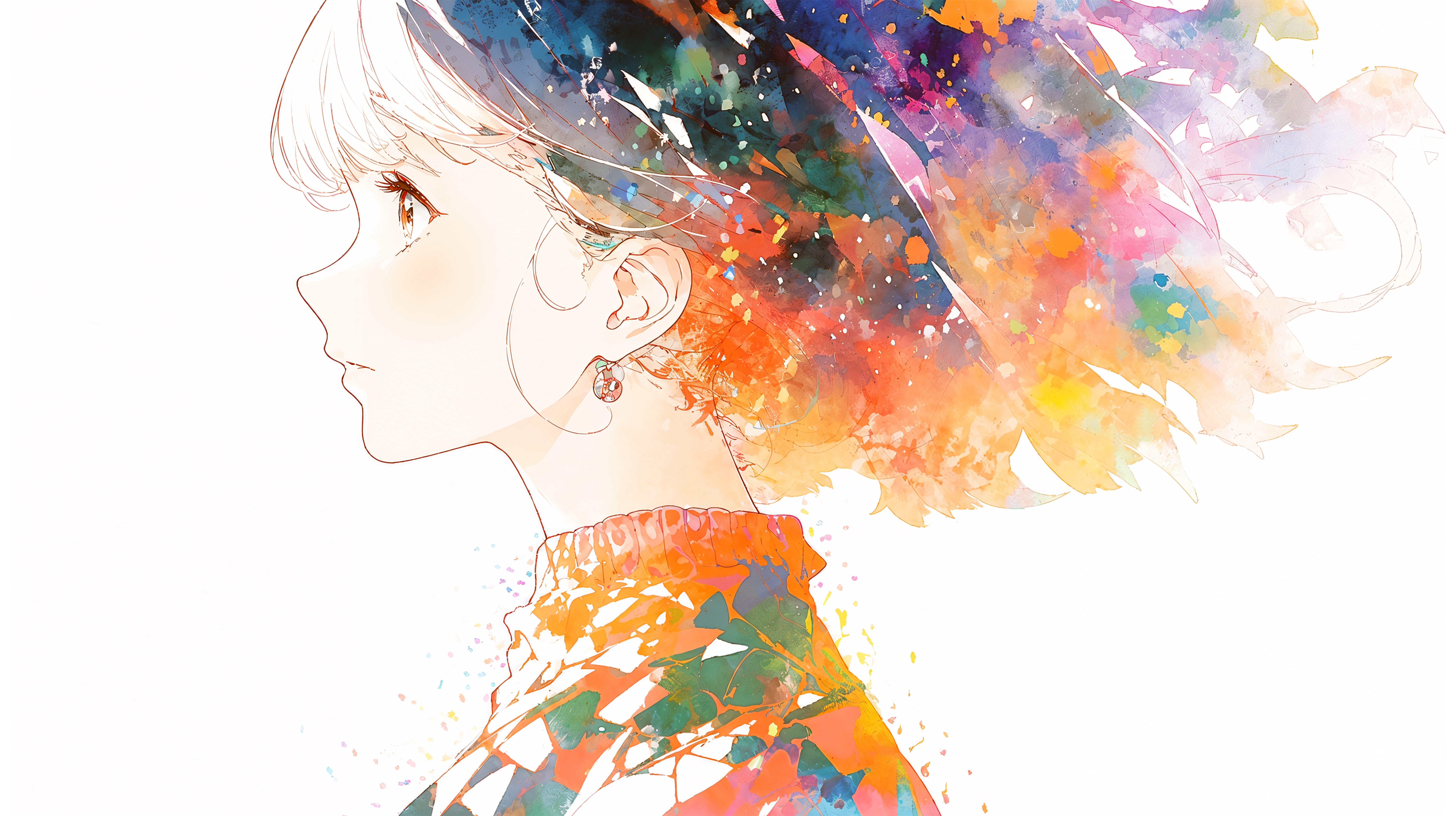 抽象的な水彩アートを纏うアニメ風女性の横顔イラスト no.1