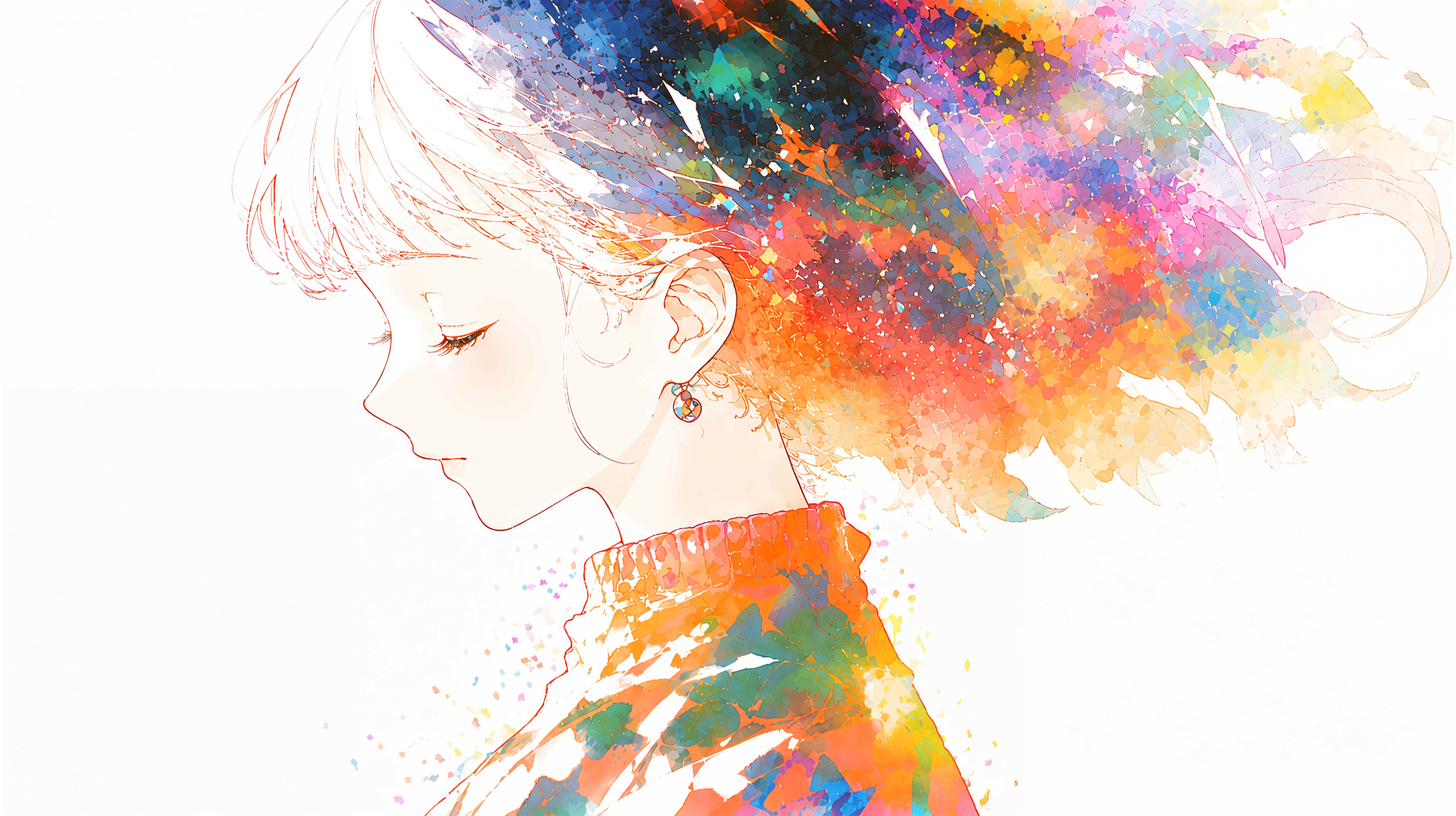 抽象的な水彩アートを纏うアニメ風女性の横顔イラスト no.3