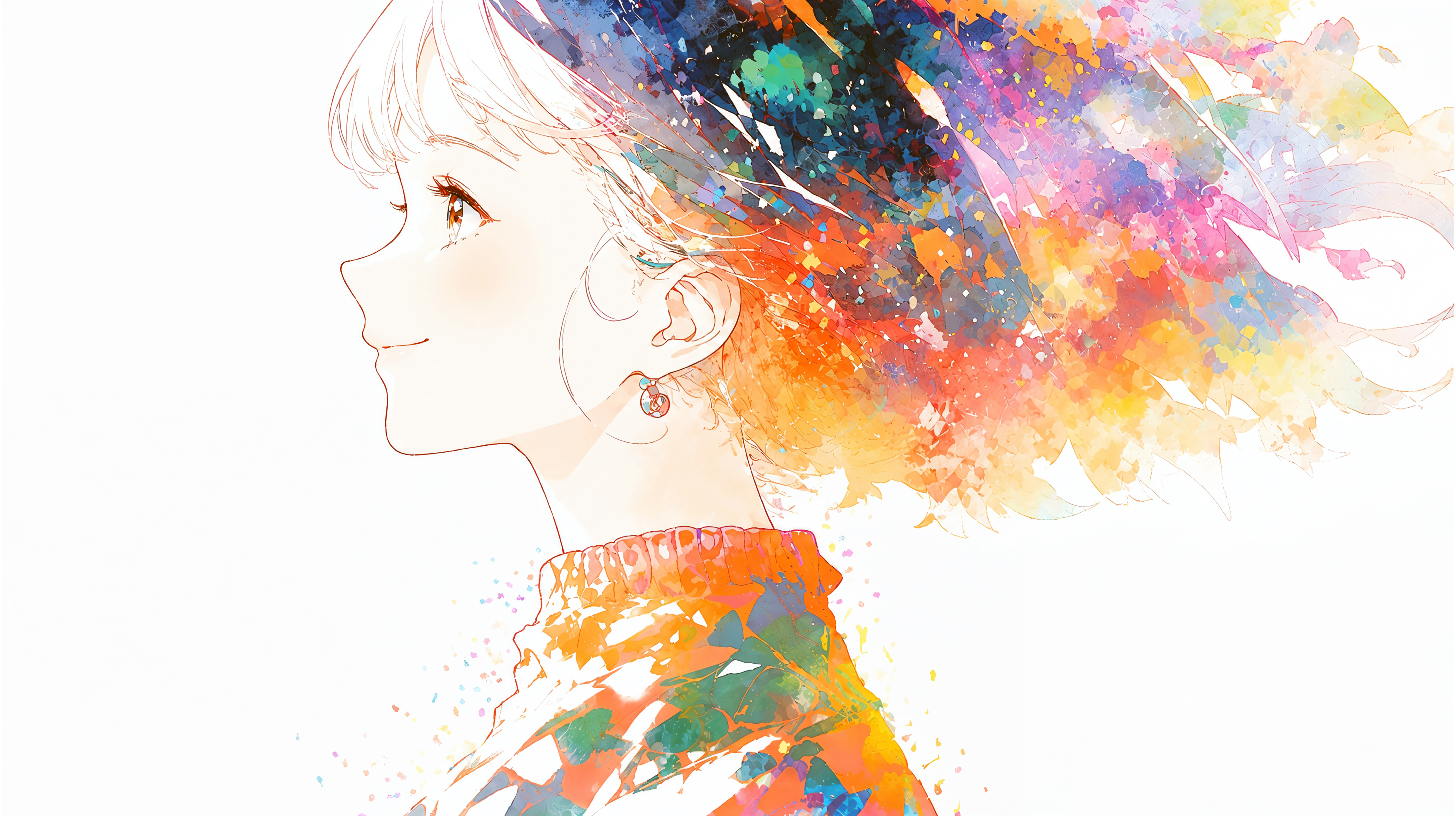 抽象的な水彩アートを纏うアニメ風女性の横顔イラスト no.4