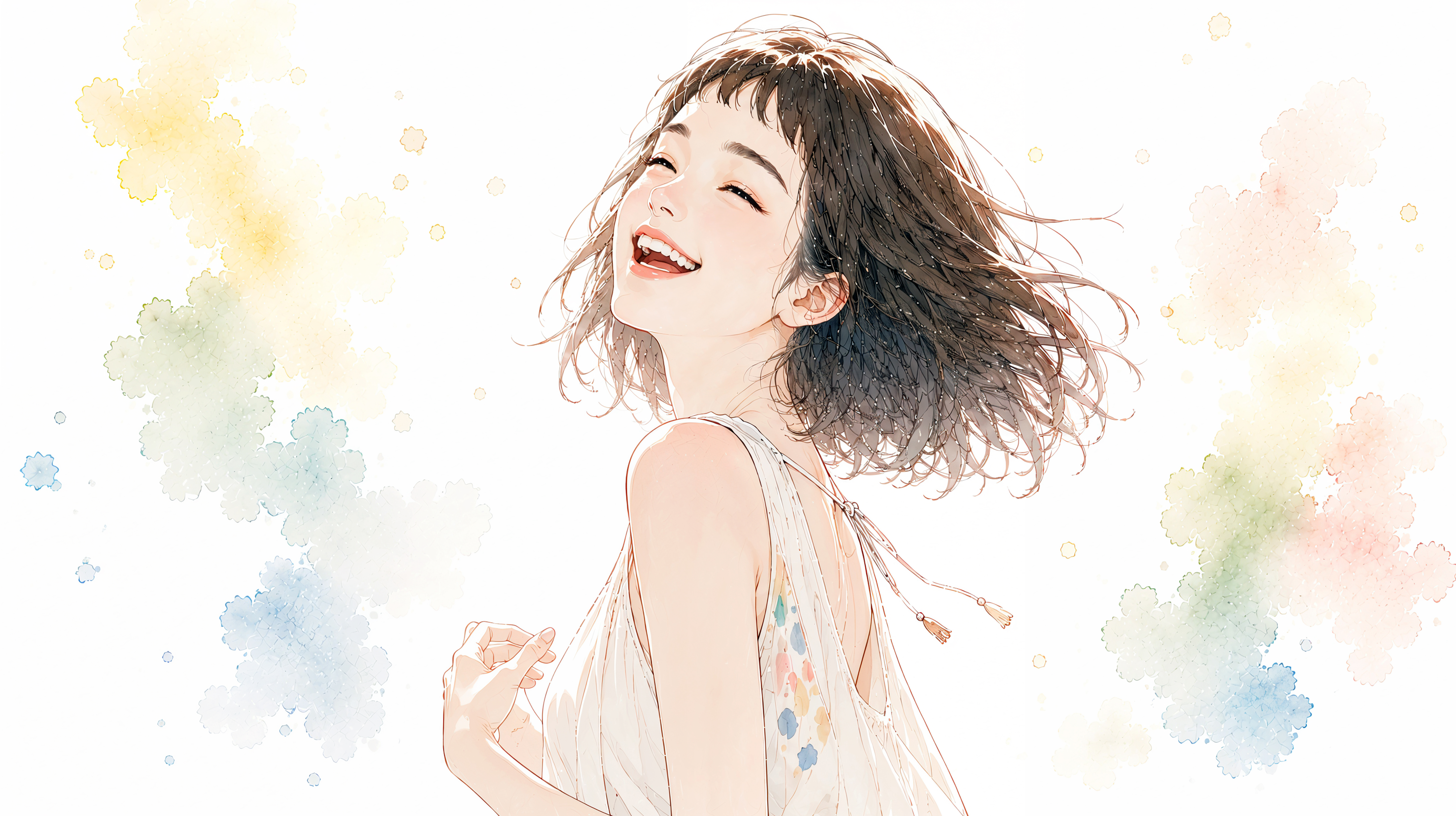 笑顔で振り返る女性のポートレートイラスト no.2