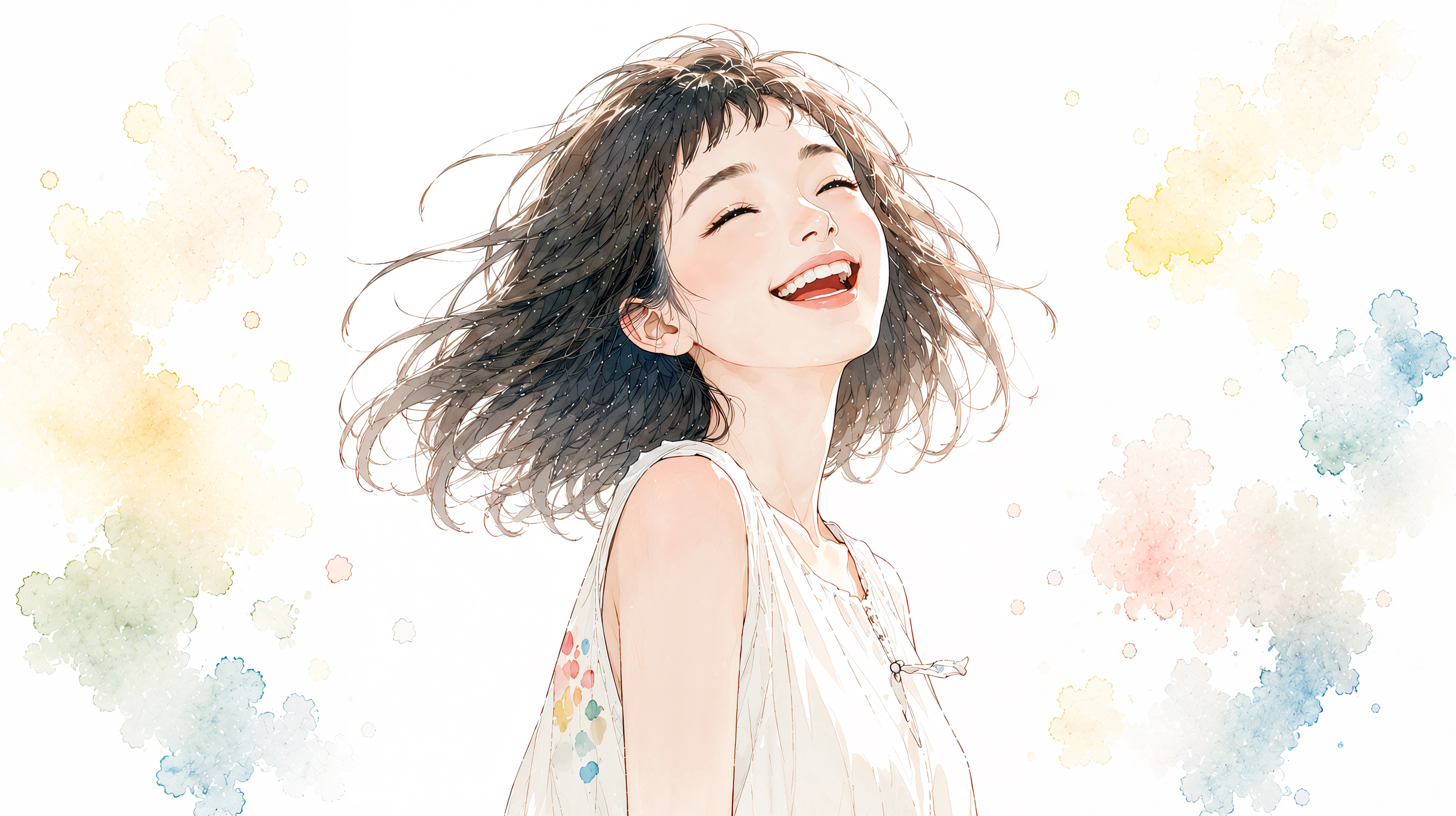笑顔で振り返る女性のポートレートイラスト no.3