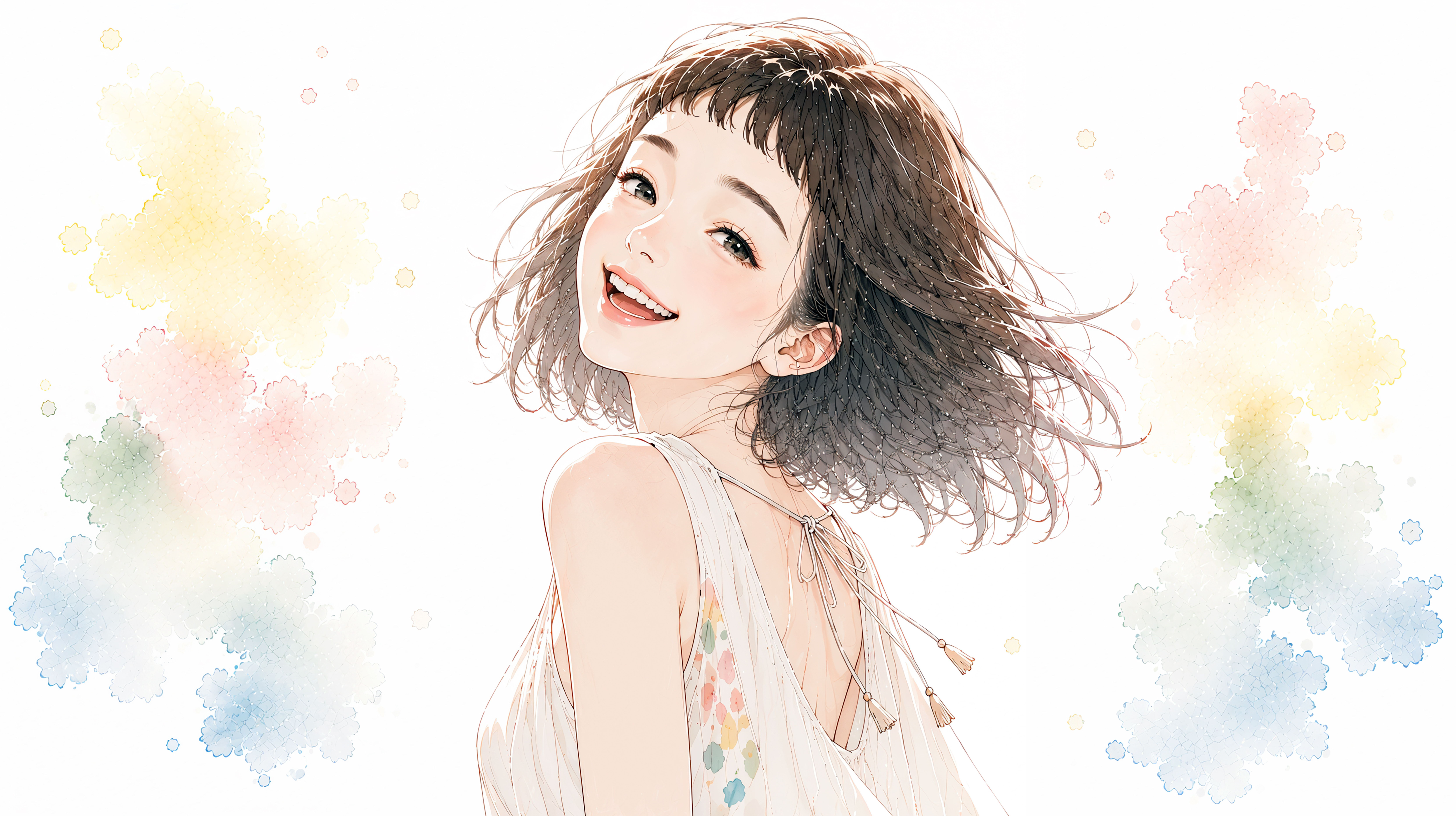 笑顔で振り返る女性のポートレートイラスト no.4