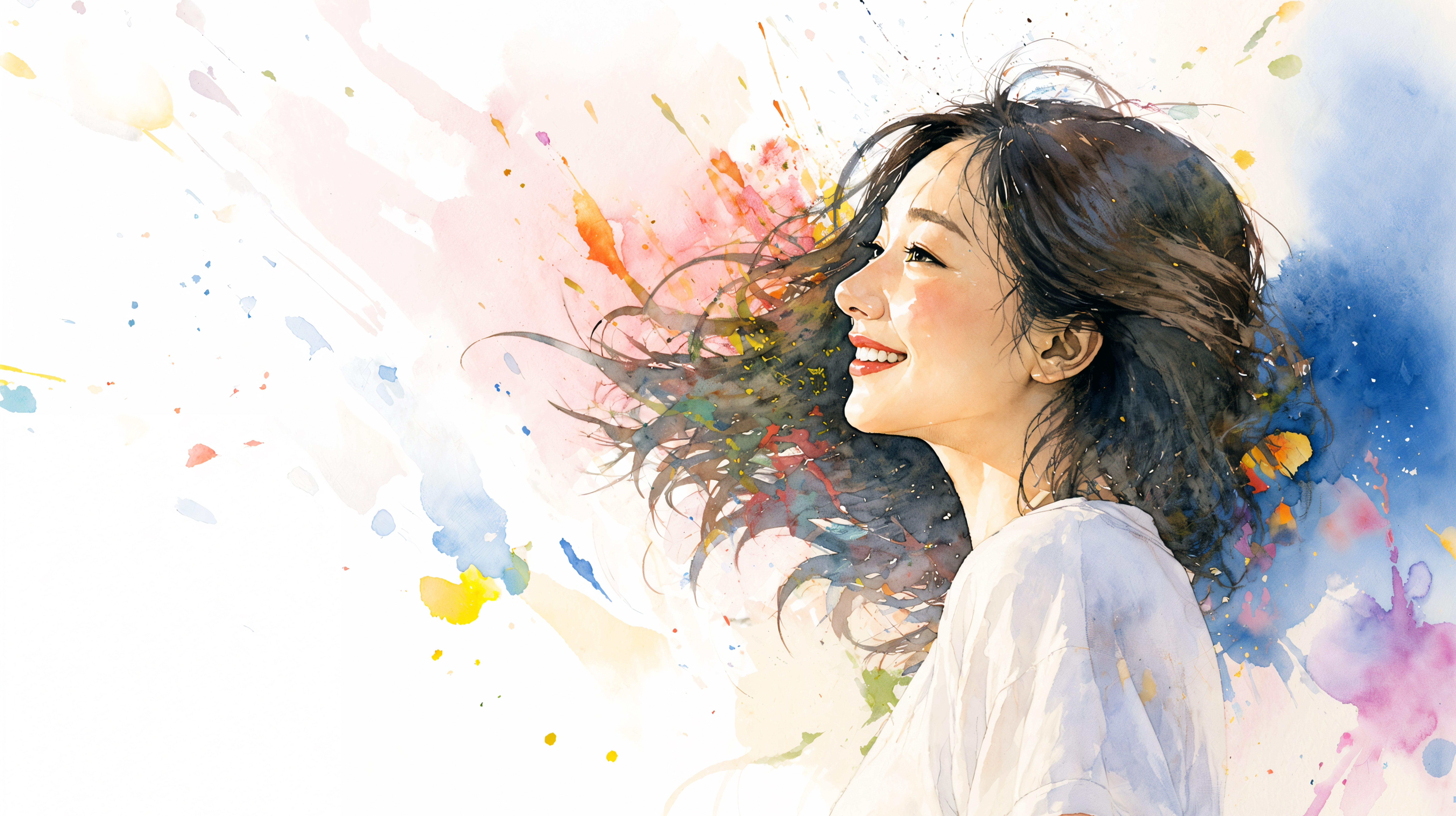 カラフルな水彩背景と笑顔の女性の横顔イラスト no.1