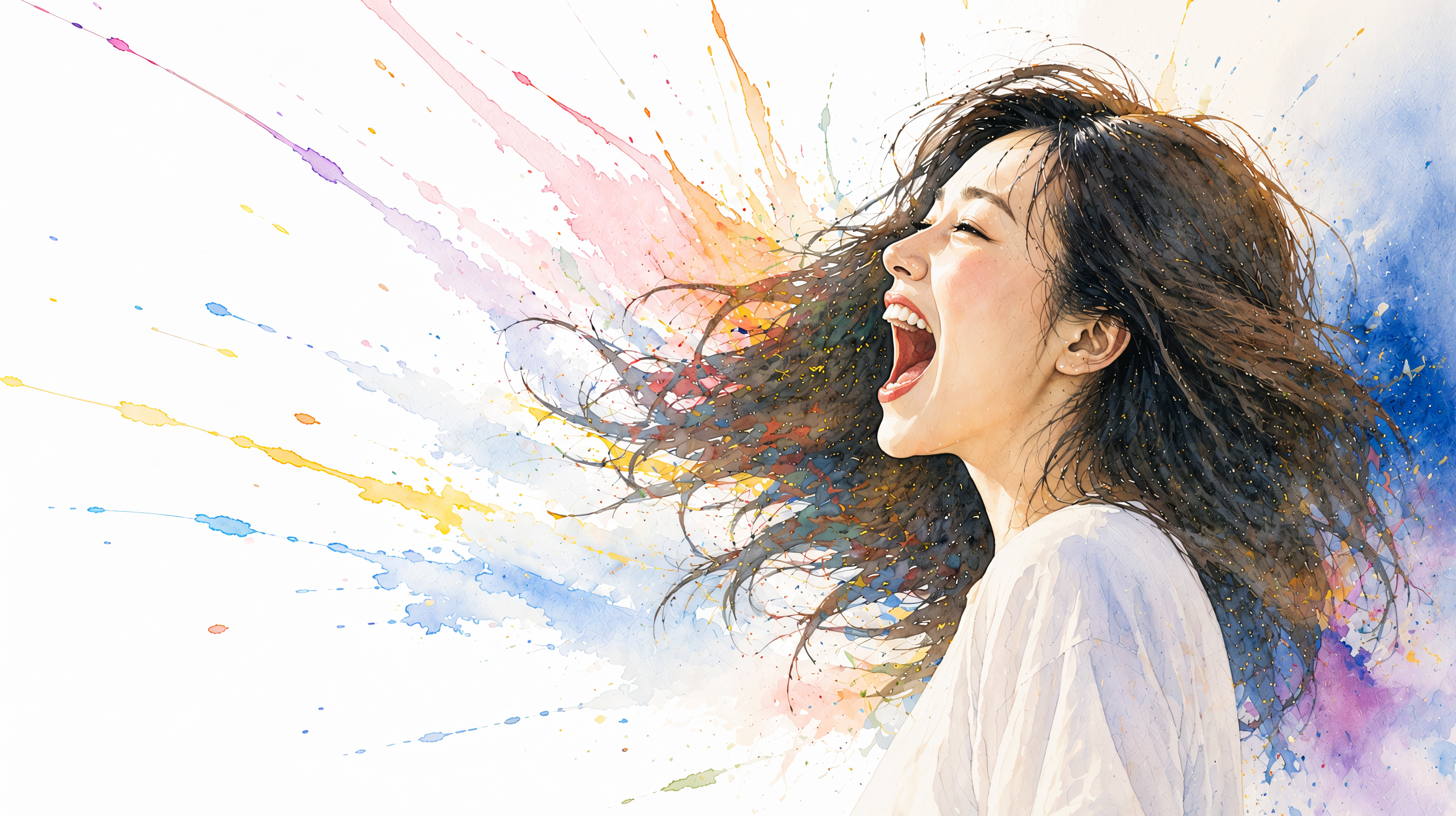 カラフルな水彩背景と叫ぶ女性の横顔イラスト no.2