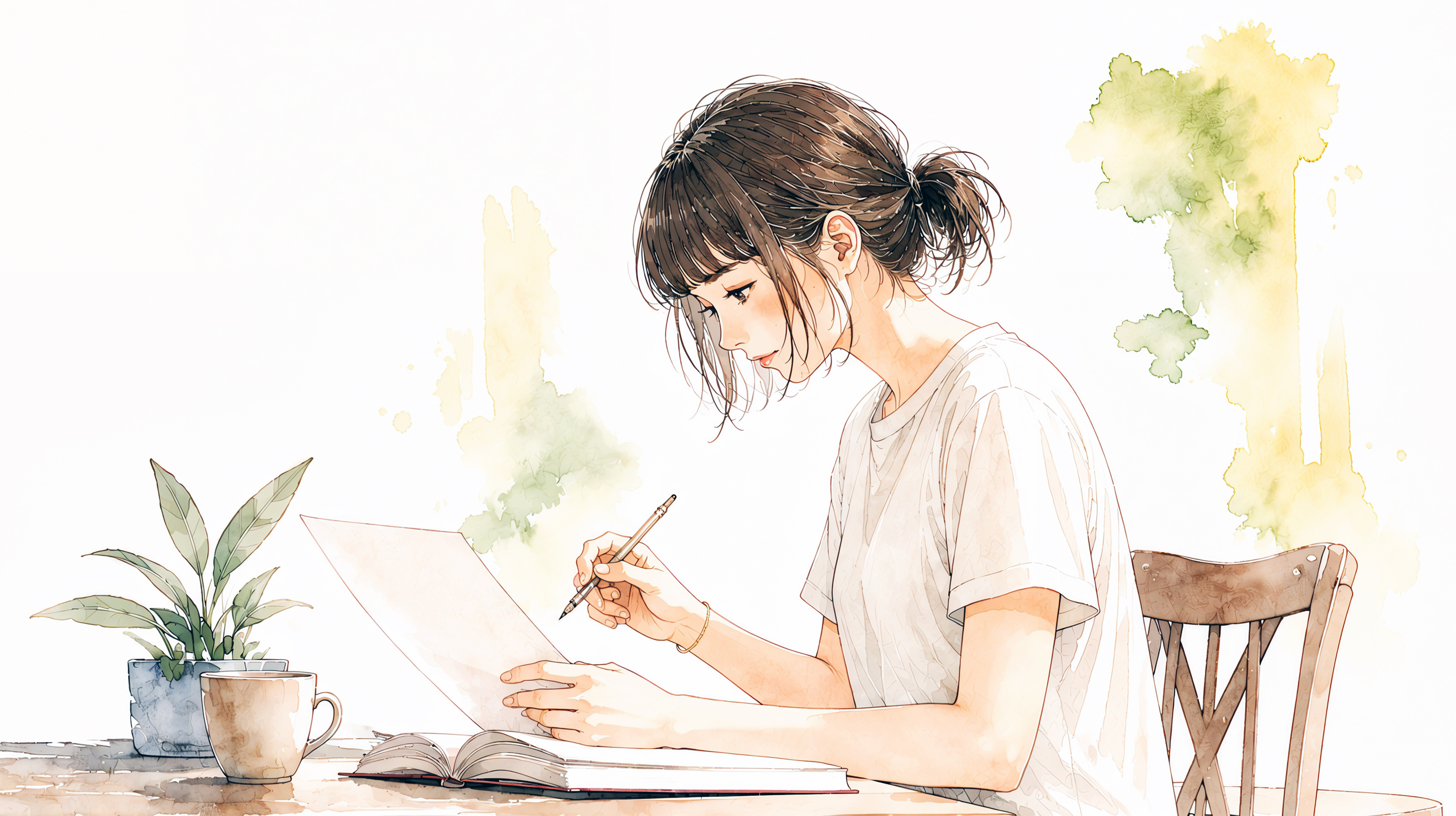 机で書き物をしている女性のイラスト no.1