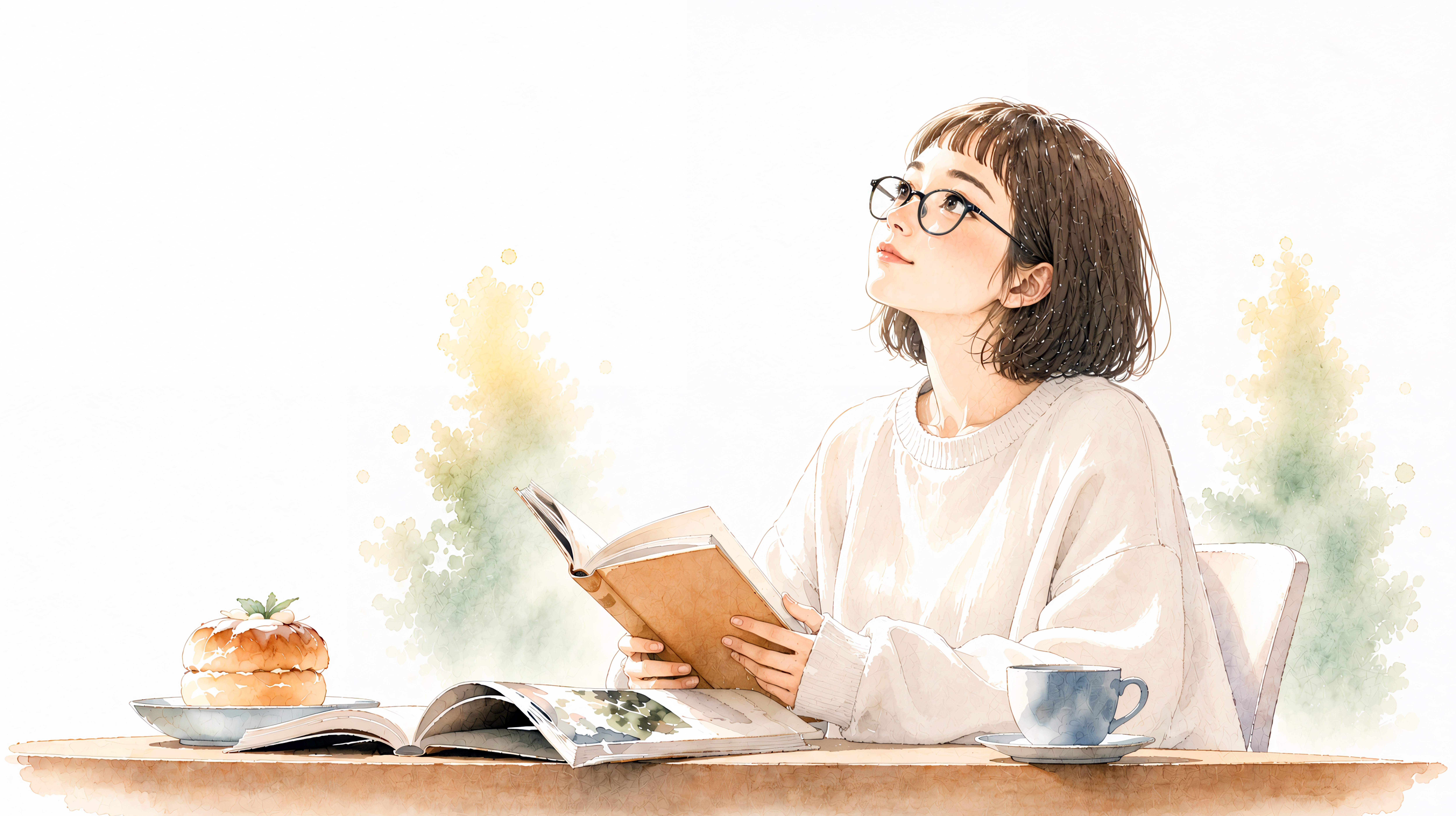 机で本を読みながら考え事をする若い女性のイラスト no.1