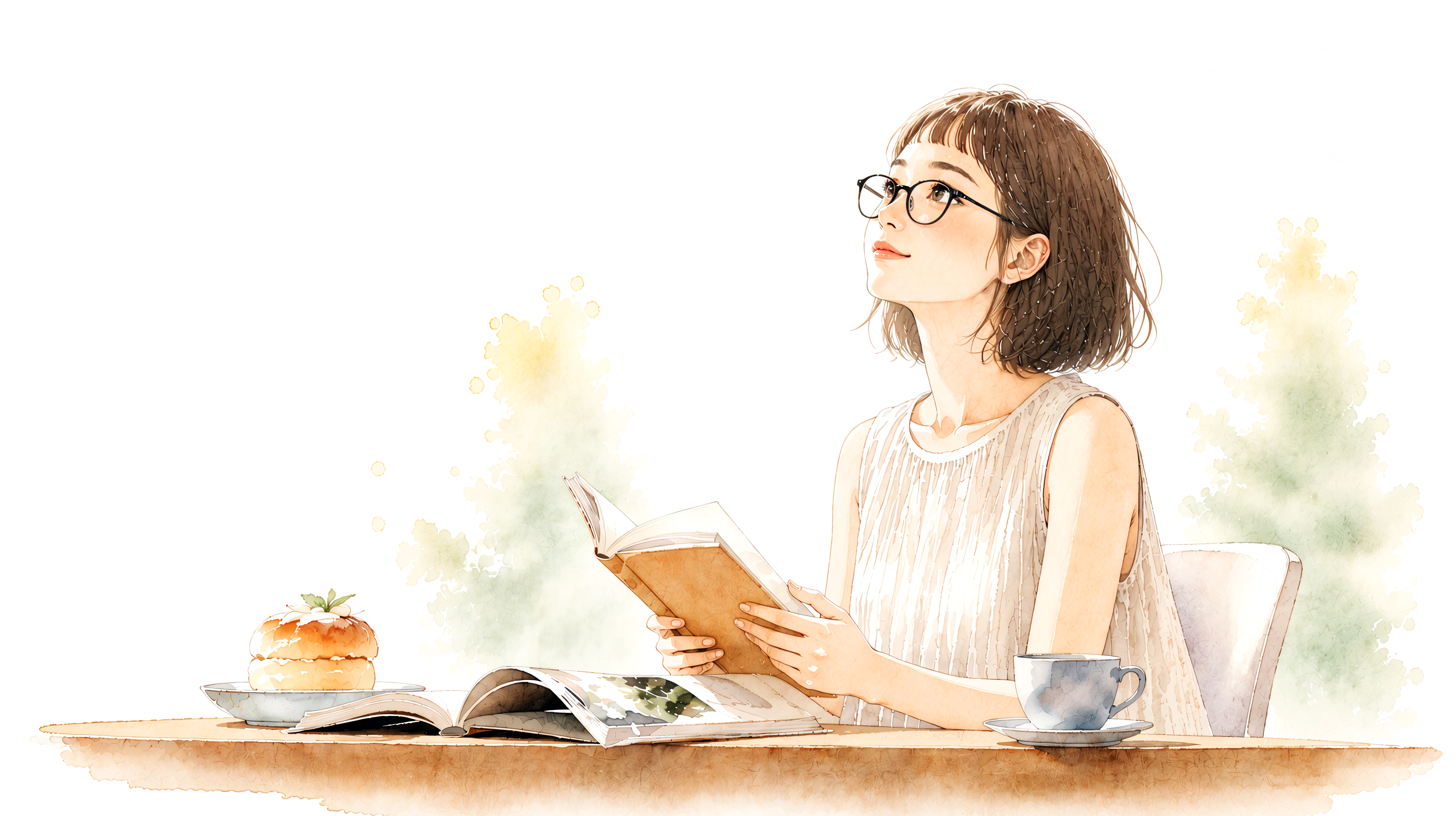 机で本を読みながら考え事をする若い女性のイラスト no.3