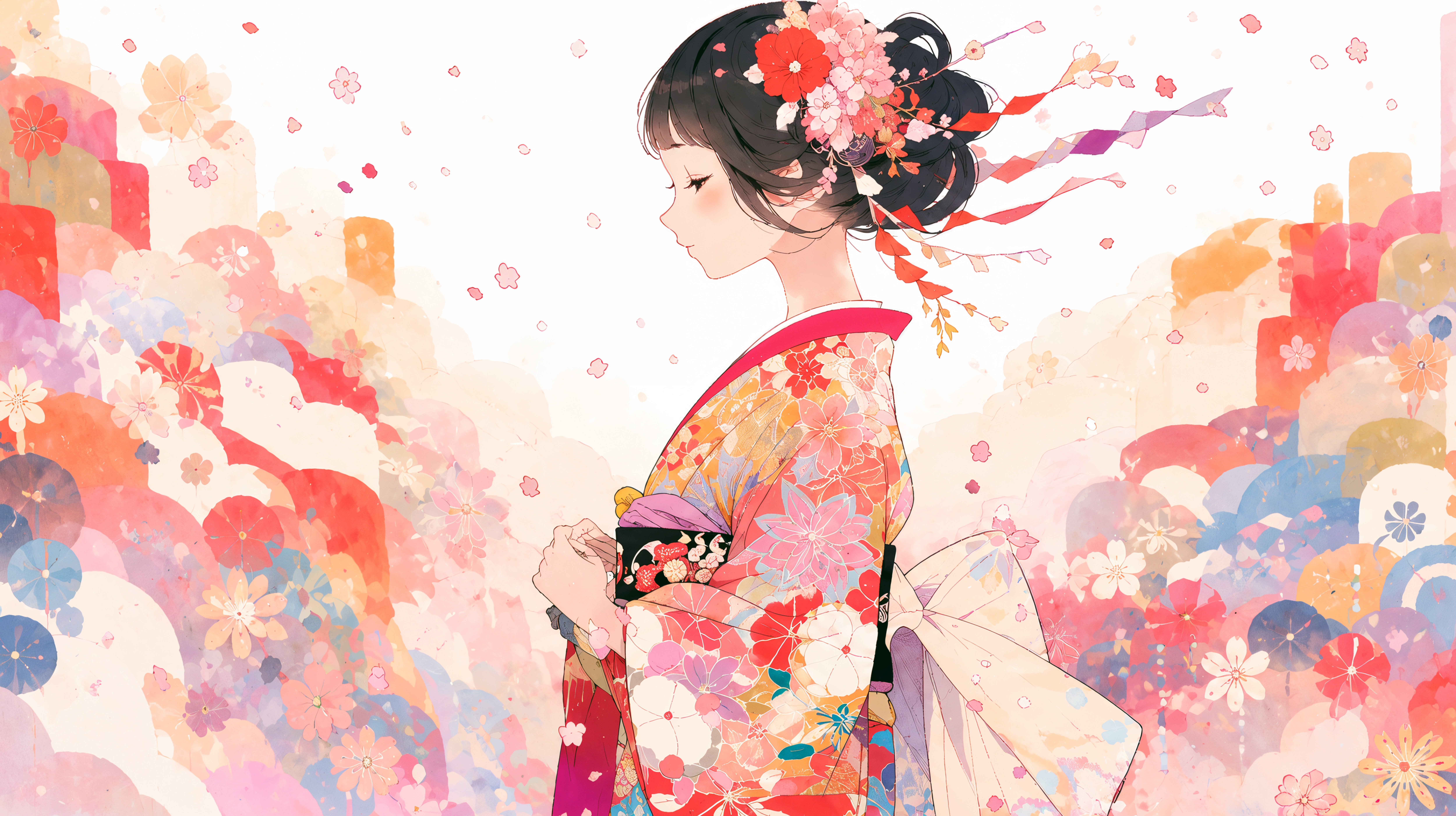 着物を着た女性のポートレートイラストと和柄背景 no.1