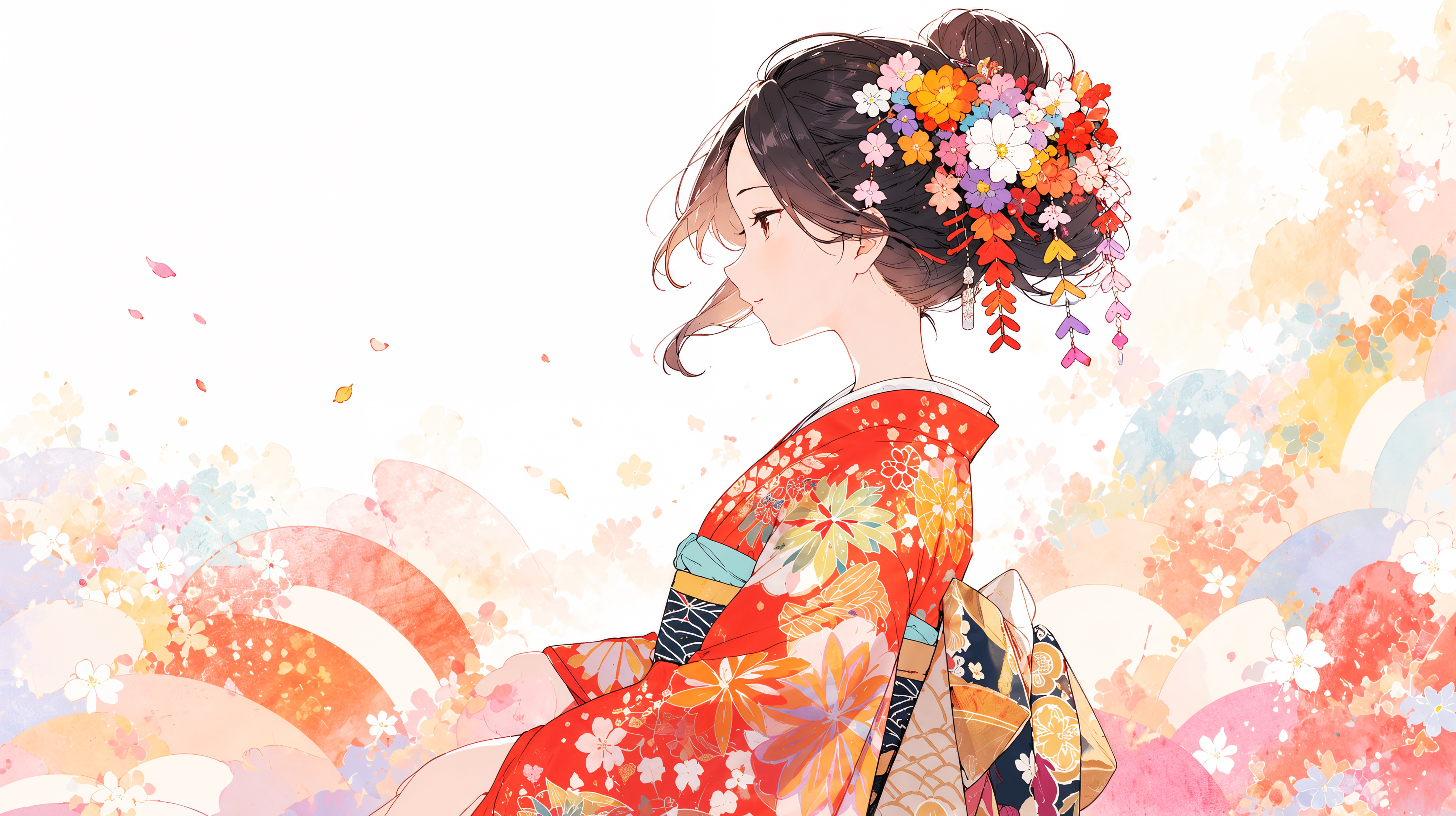 着物を着た女性のポートレートイラストと和柄背景 no.2