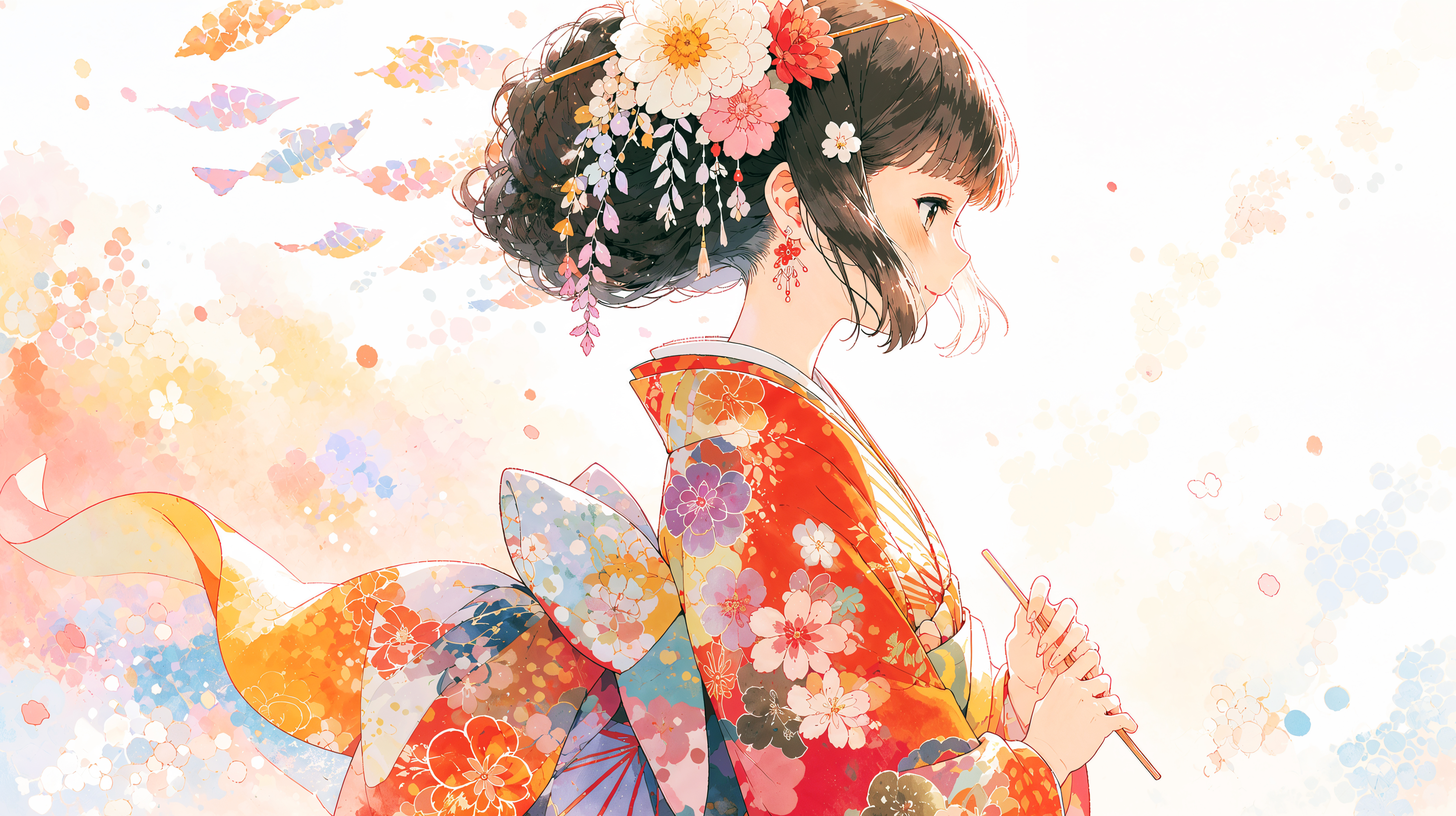 着物を着た女性のポートレートイラストと和柄背景 no.4