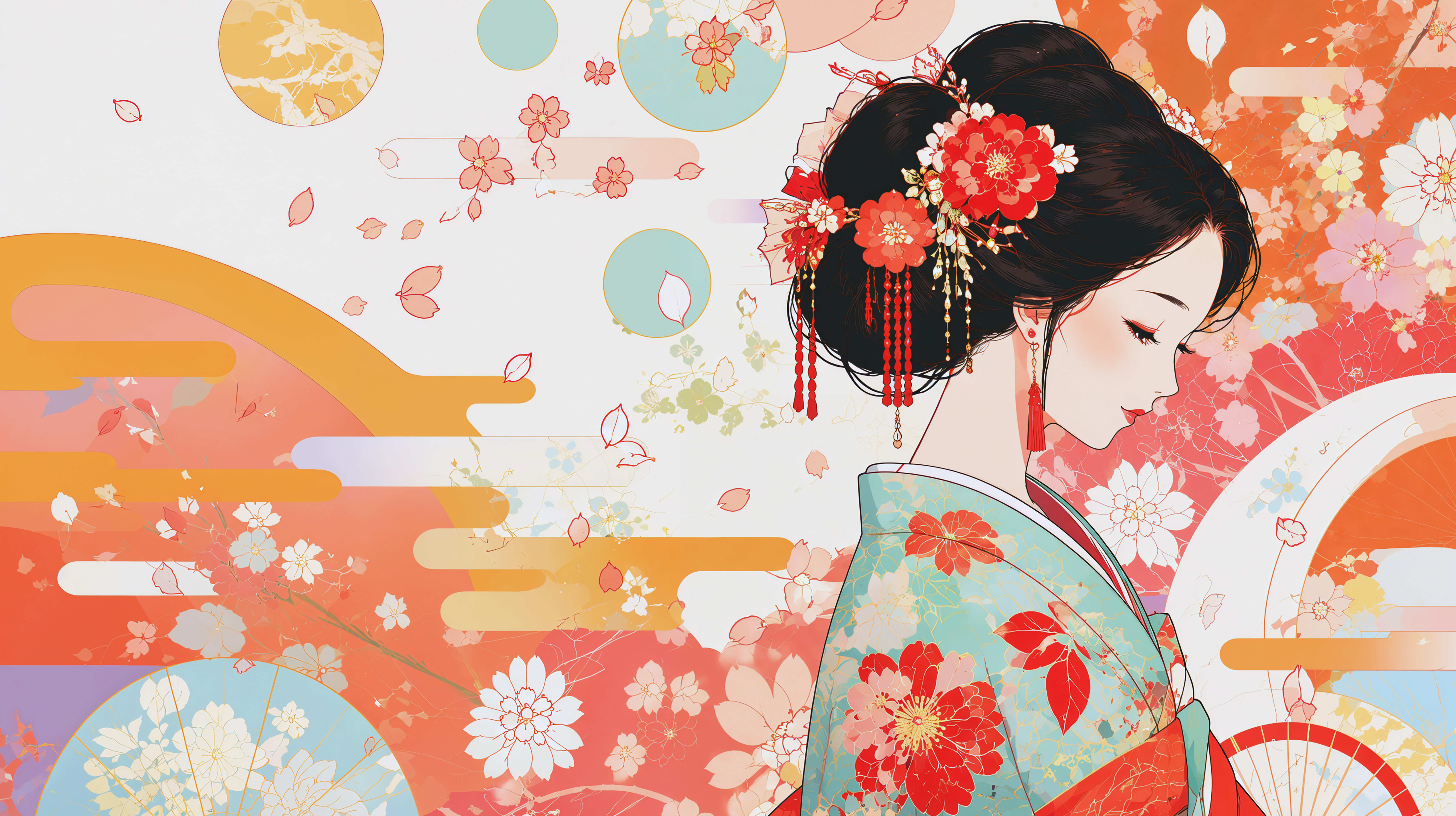 レトロな着物を着た女性のポートレートイラスト no.1