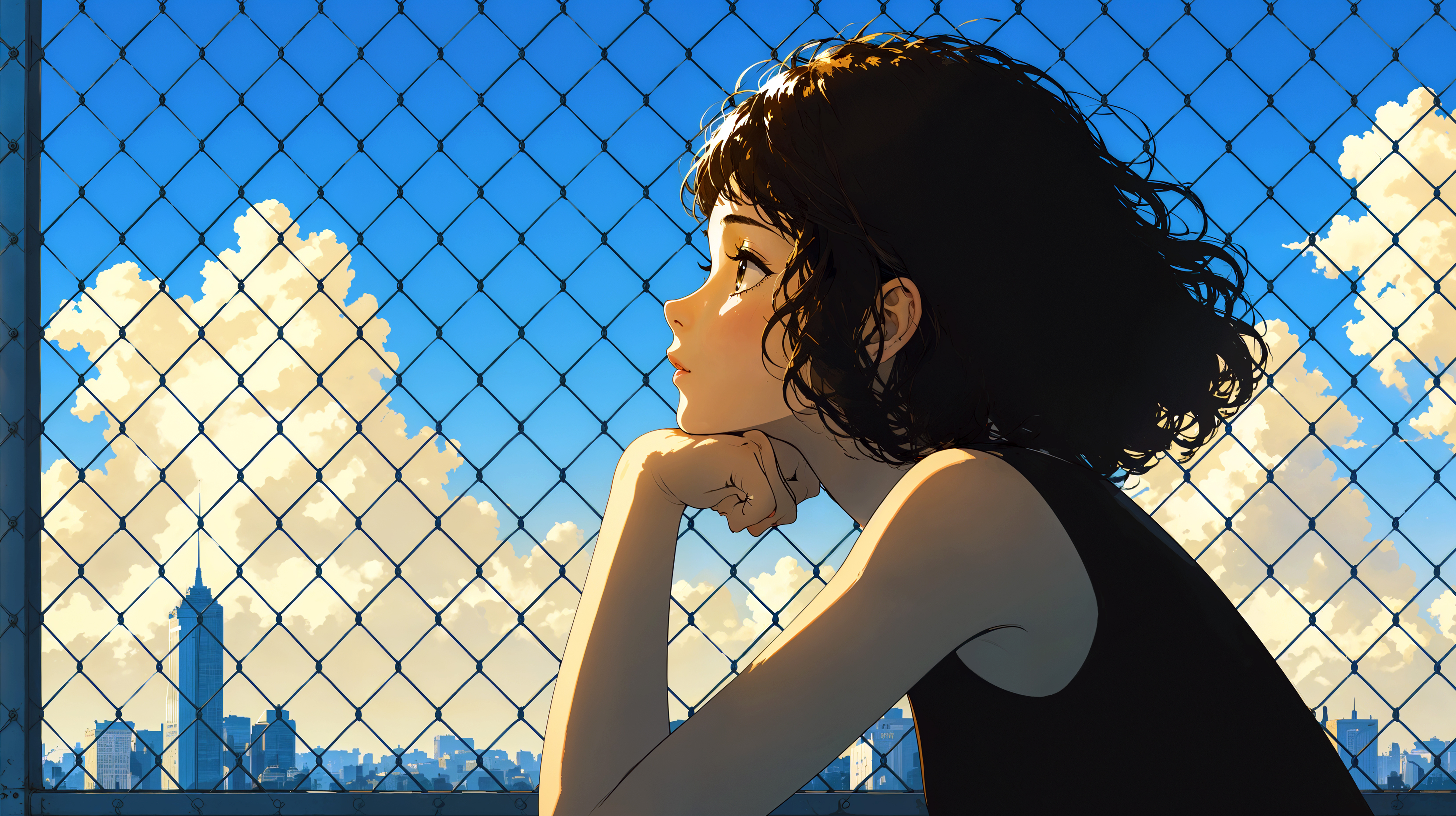 屋上で夏の都会の空を眺める女性の横顔イラスト no.1
