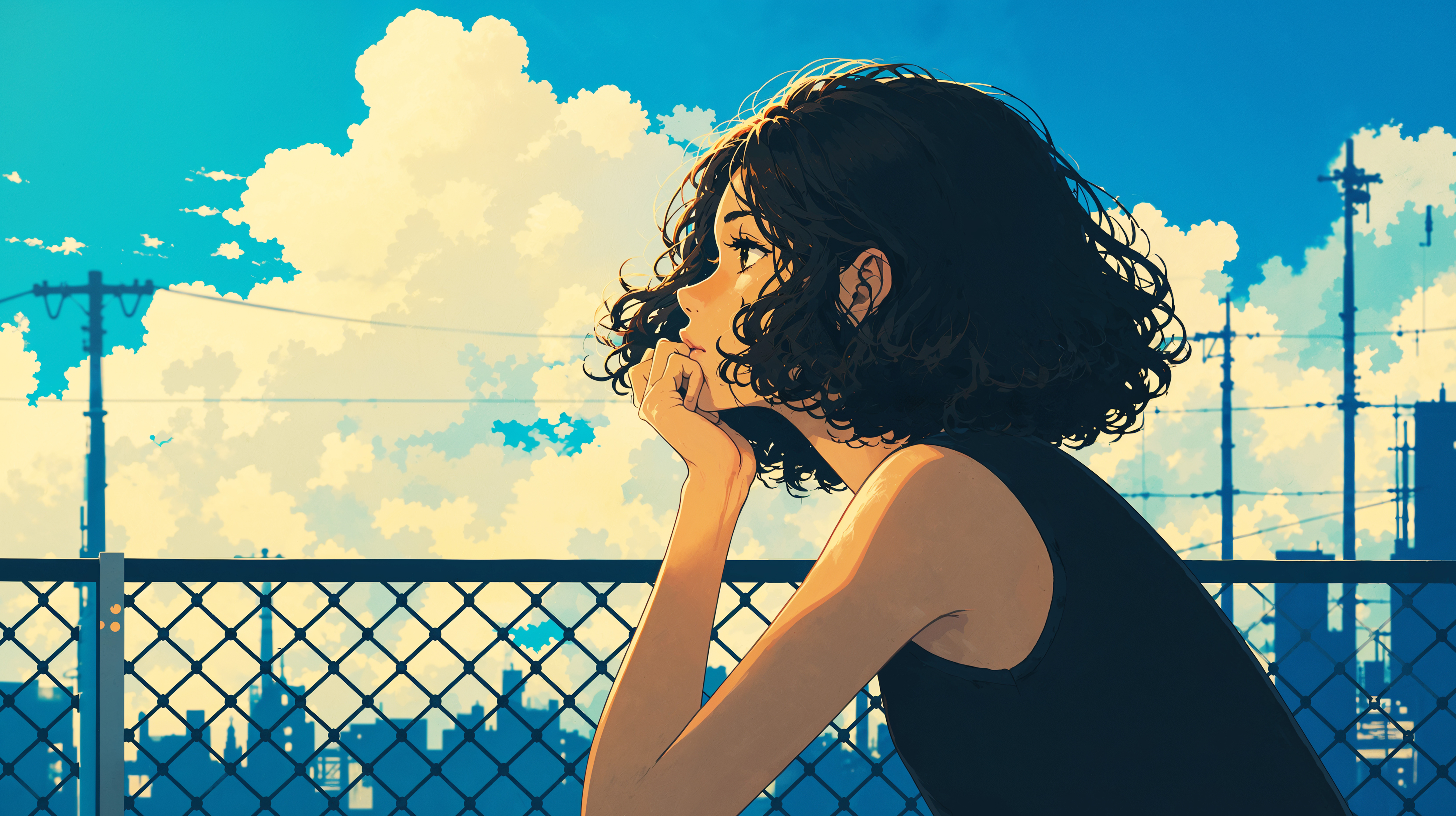屋上で夏の都会の空を眺める女性の横顔イラスト no.2