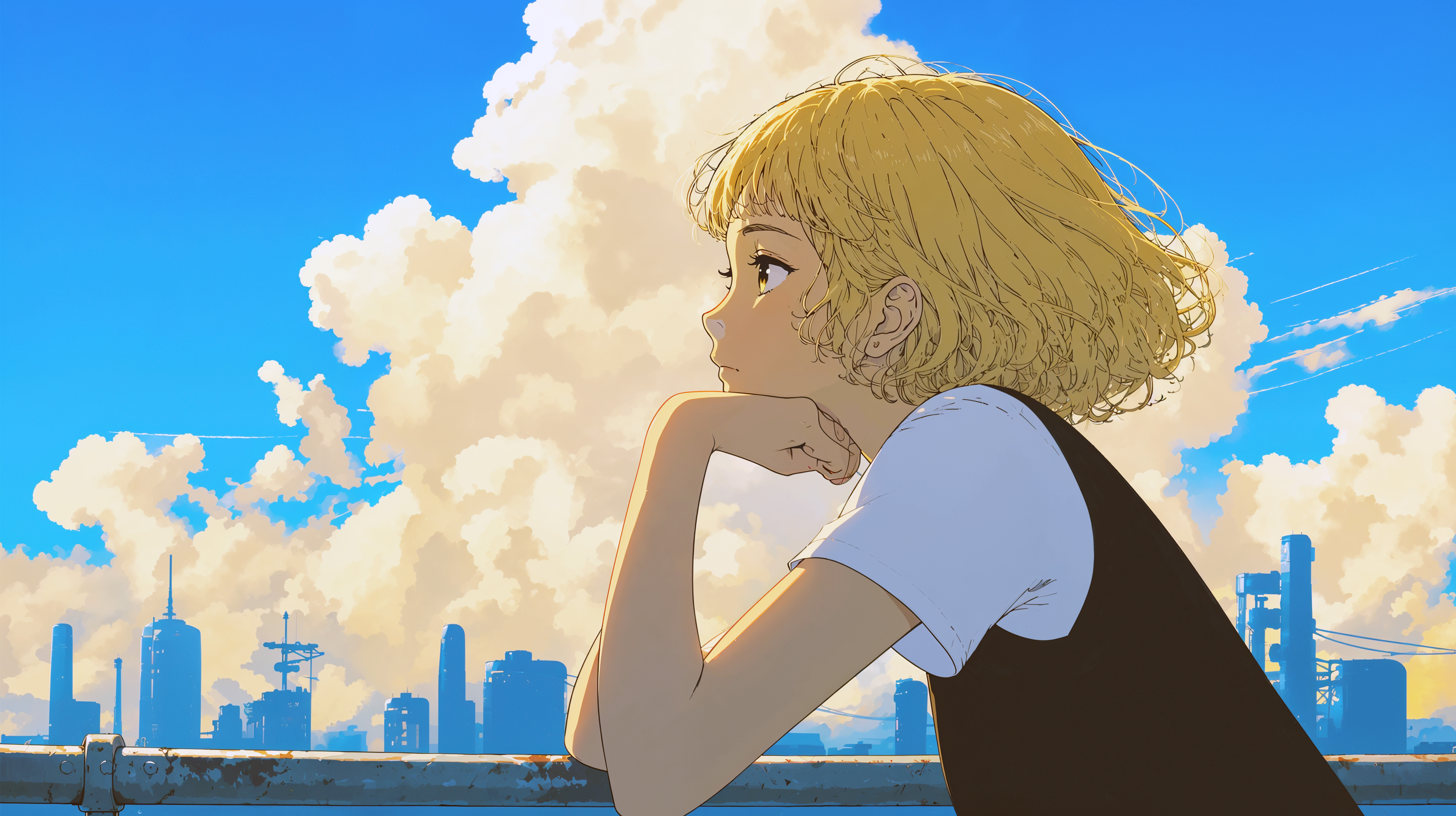 屋上で夏の都会の空を眺める女性の横顔イラスト no.3