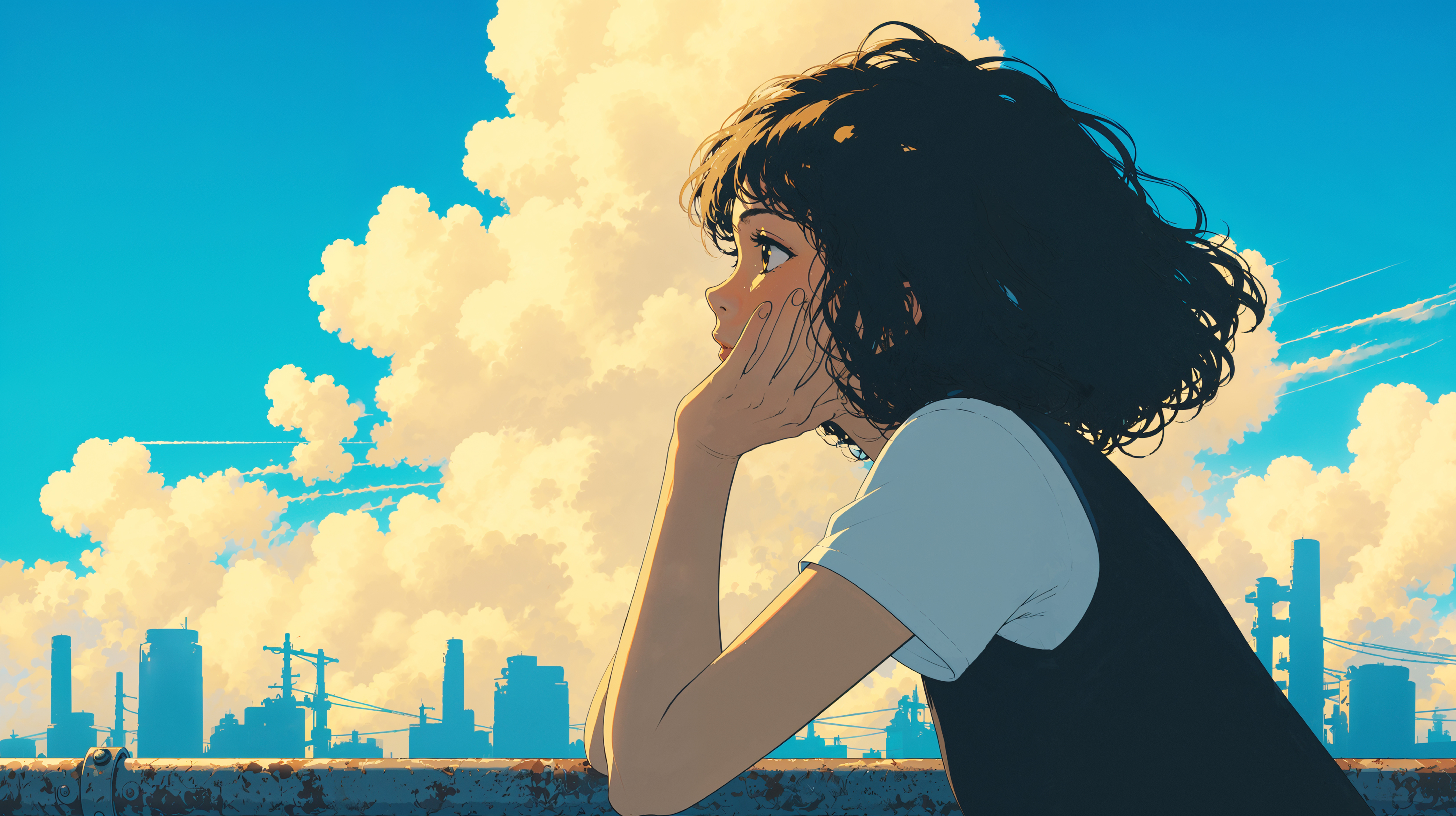 屋上で夏の都会の空を眺める女性の横顔イラスト no.4